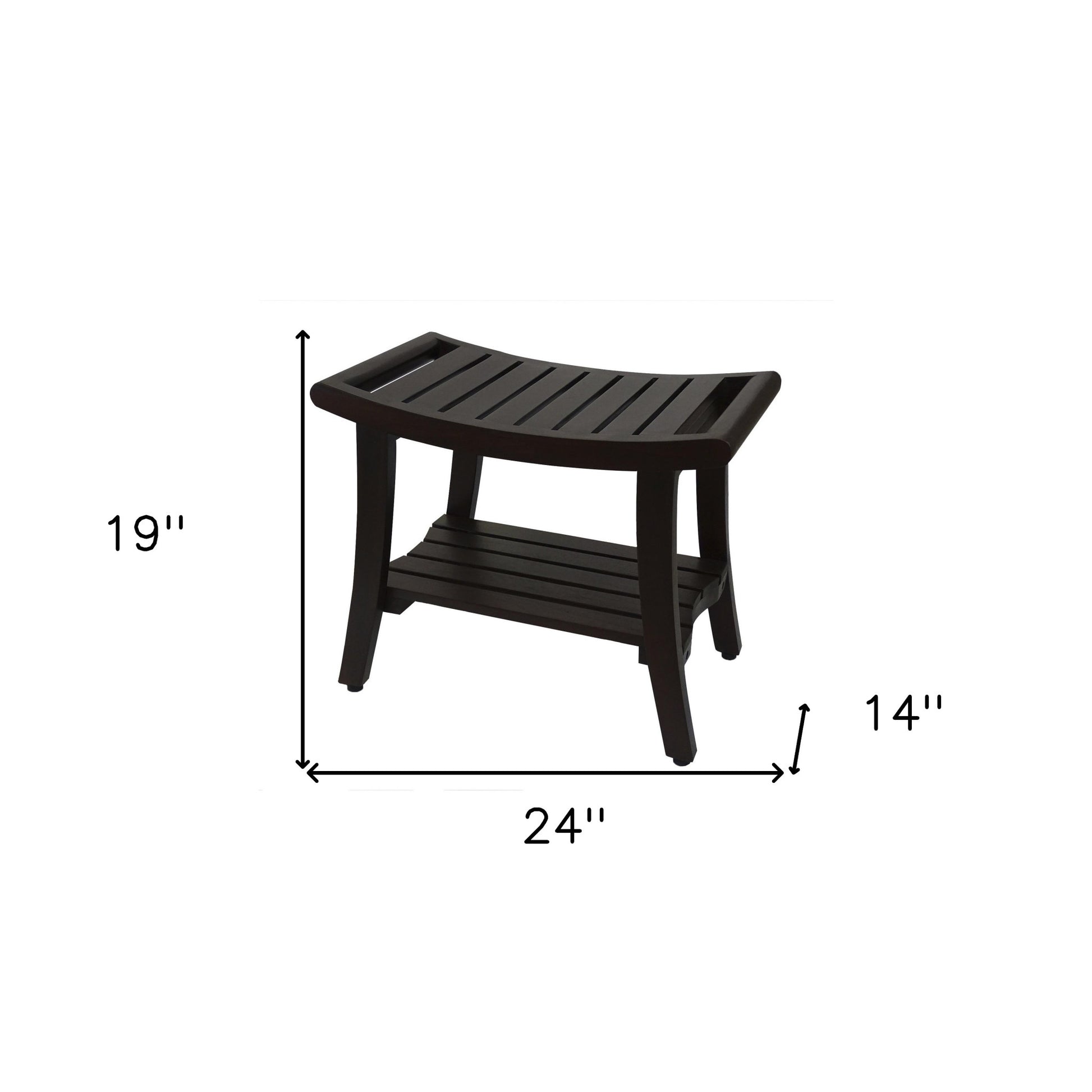 24" Dark Brown Freestanding Teak Shower Bench With Shelf And Handles-Shower Benches-DECOROLALA