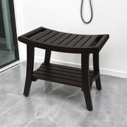 24" Dark Brown Freestanding Teak Shower Bench With Shelf And Handles-Shower Benches-DECOROLALA