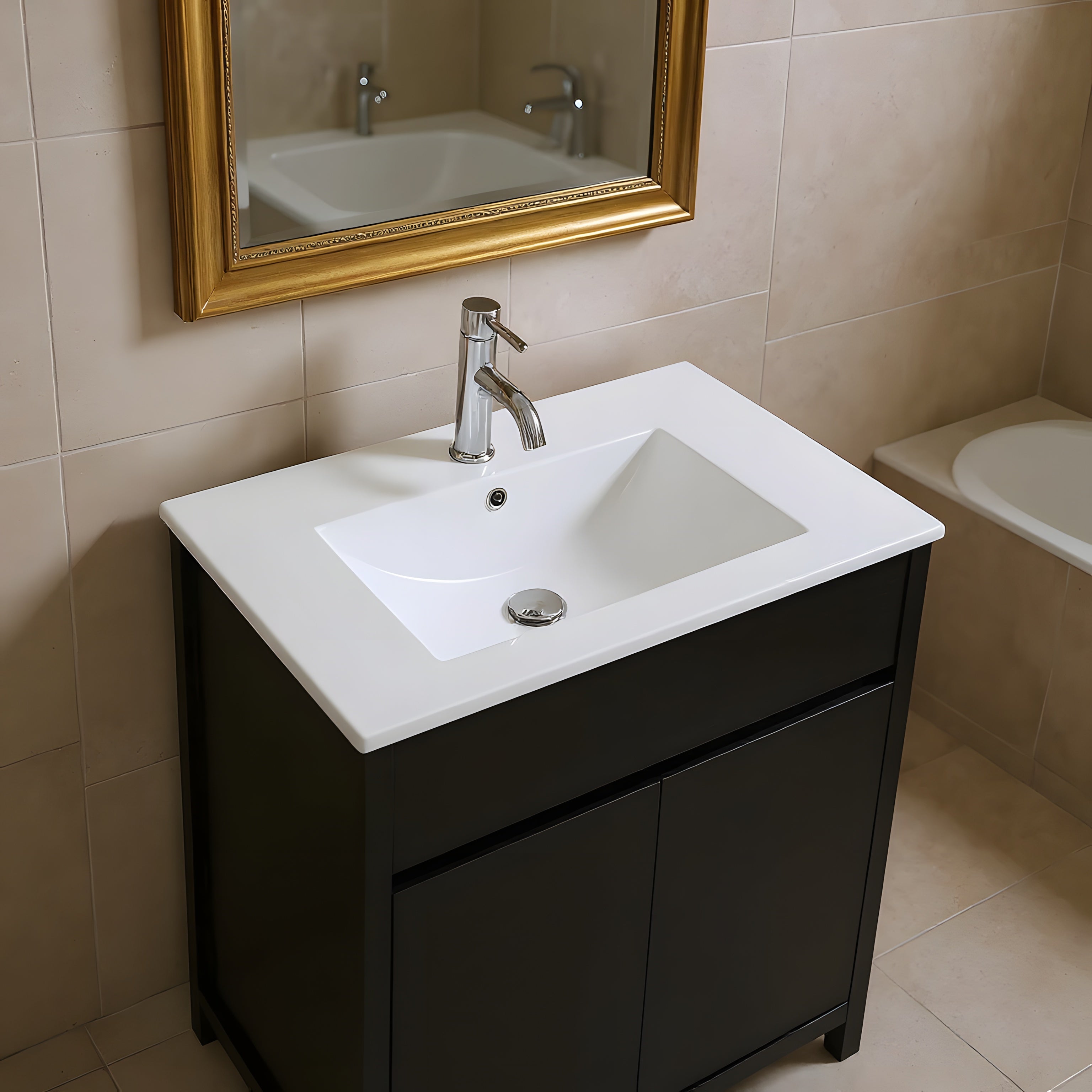 24" Dark Brown Oak Freestanding Bathroom Vanity with White Ceramic Countertop-Migration_Bathroom Vanities-DECOROLALA