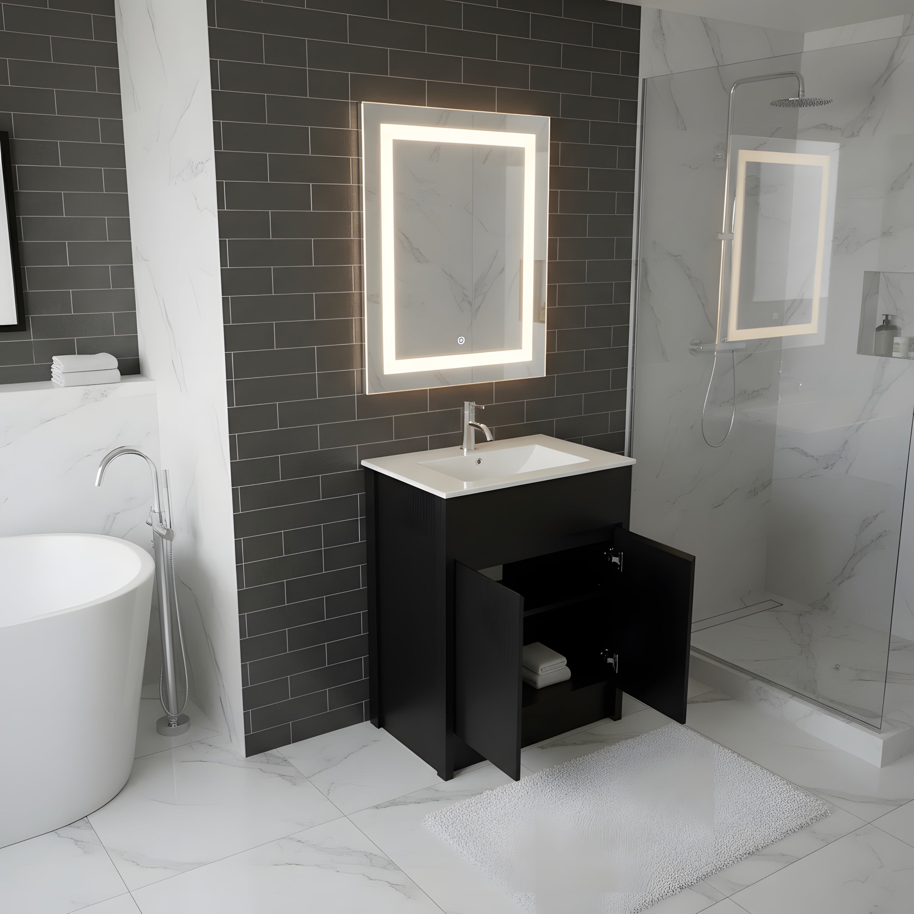 24" Dark Brown Oak Freestanding Bathroom Vanity with White Ceramic Countertop-Migration_Bathroom Vanities-DECOROLALA