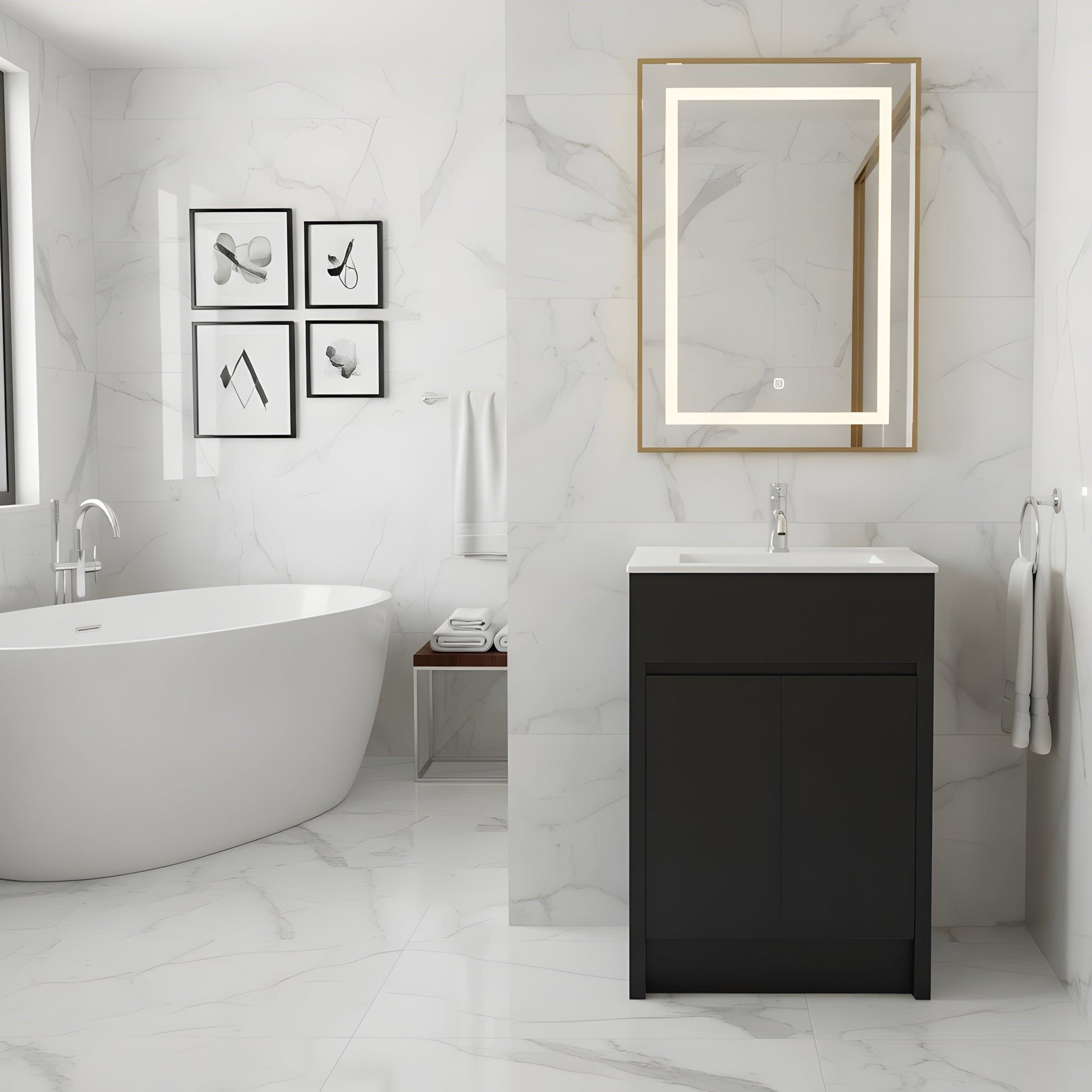 24" Dark Brown Oak Freestanding Bathroom Vanity with White Ceramic Countertop-Migration_Bathroom Vanities-DECOROLALA