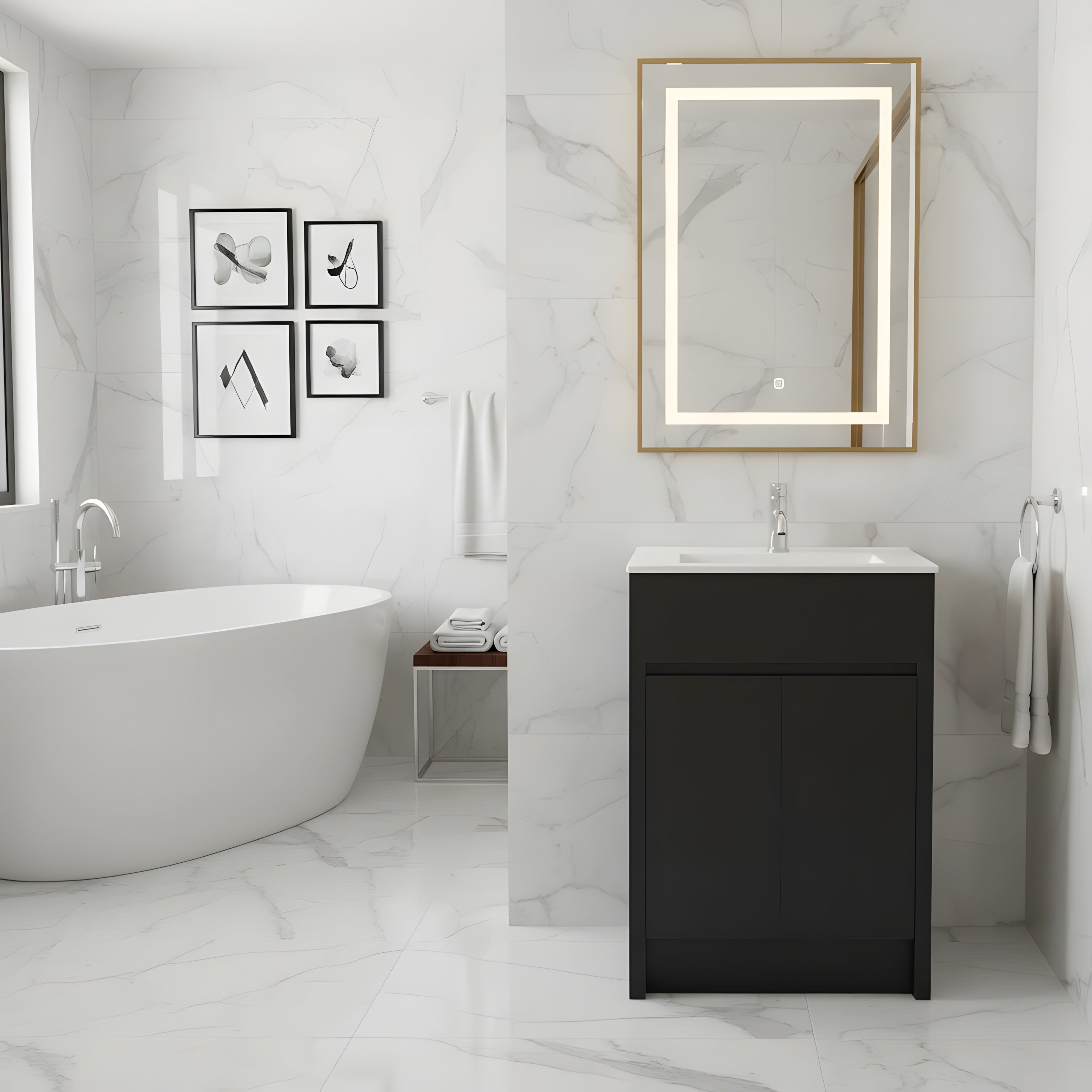 24" Dark Brown Oak Freestanding Bathroom Vanity with White Ceramic Countertop-Migration_Bathroom Vanities-DECOROLALA