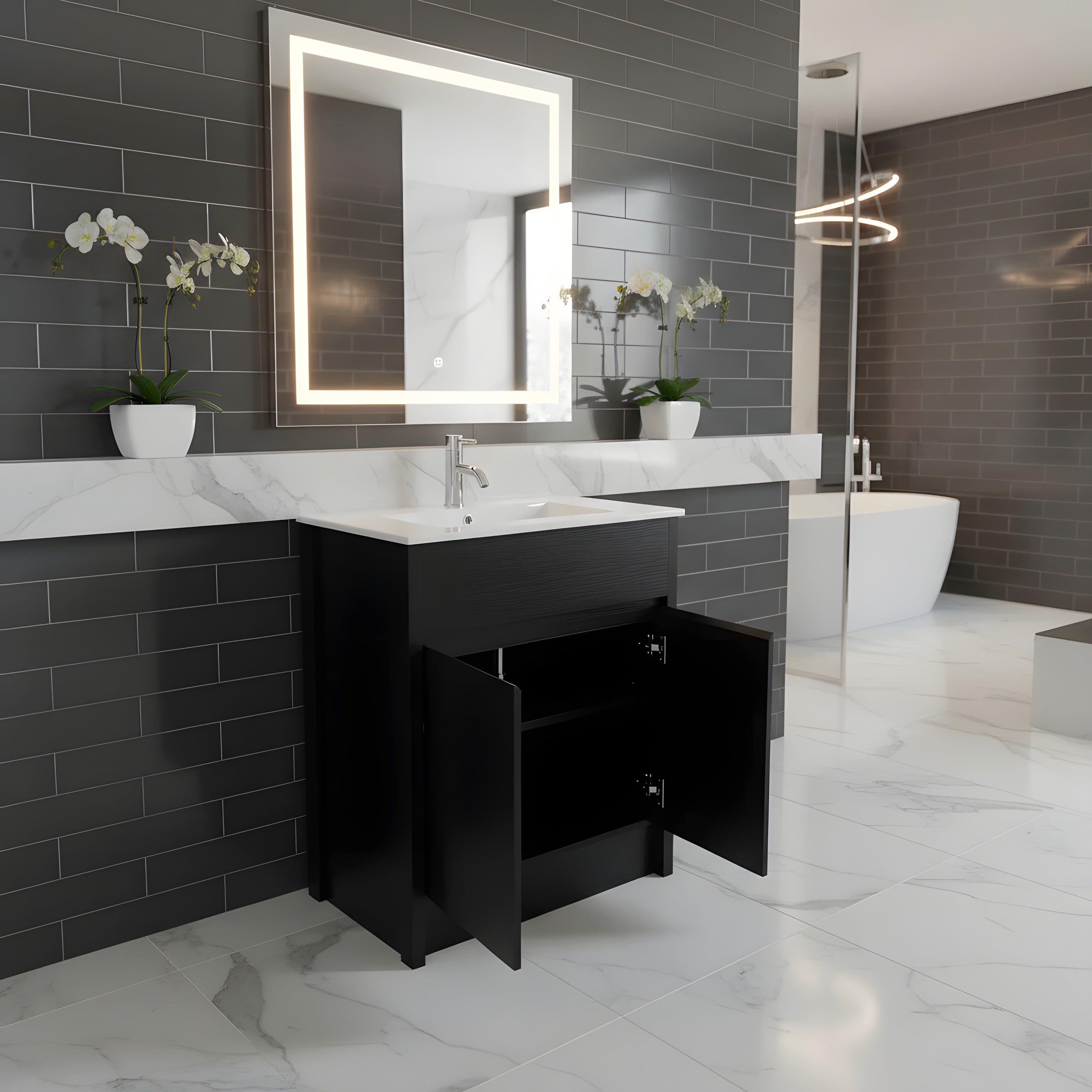 24" Dark Brown Oak Freestanding Bathroom Vanity with White Ceramic Countertop-Migration_Bathroom Vanities-DECOROLALA