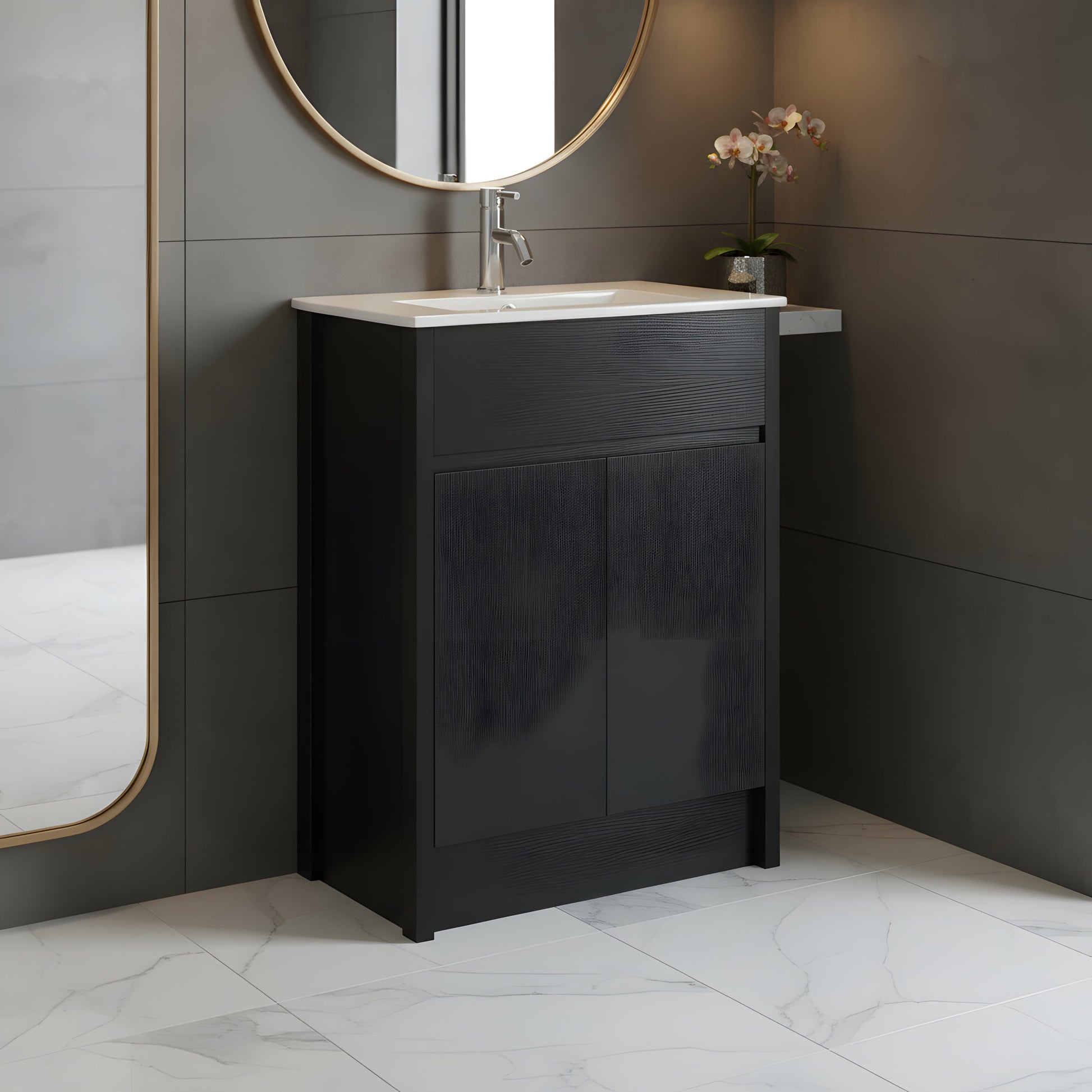 24" Dark Brown Oak Freestanding Bathroom Vanity with White Ceramic Countertop-Migration_Bathroom Vanities-DECOROLALA