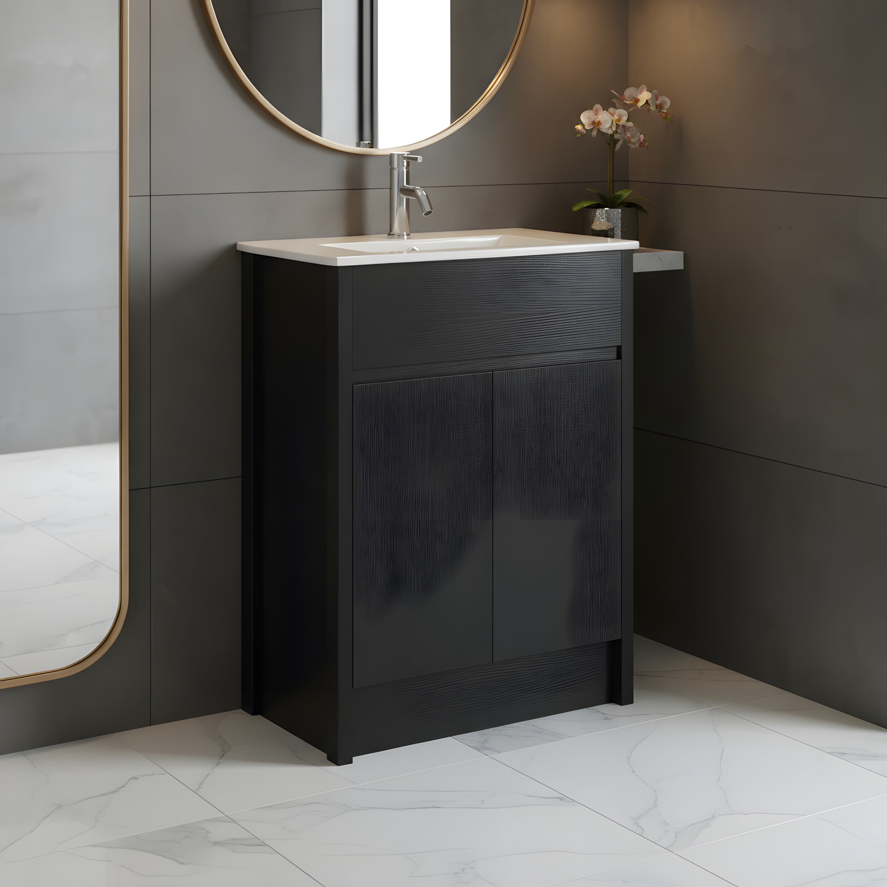 24" Dark Brown Oak Freestanding Bathroom Vanity with White Ceramic Countertop-Migration_Bathroom Vanities-DECOROLALA