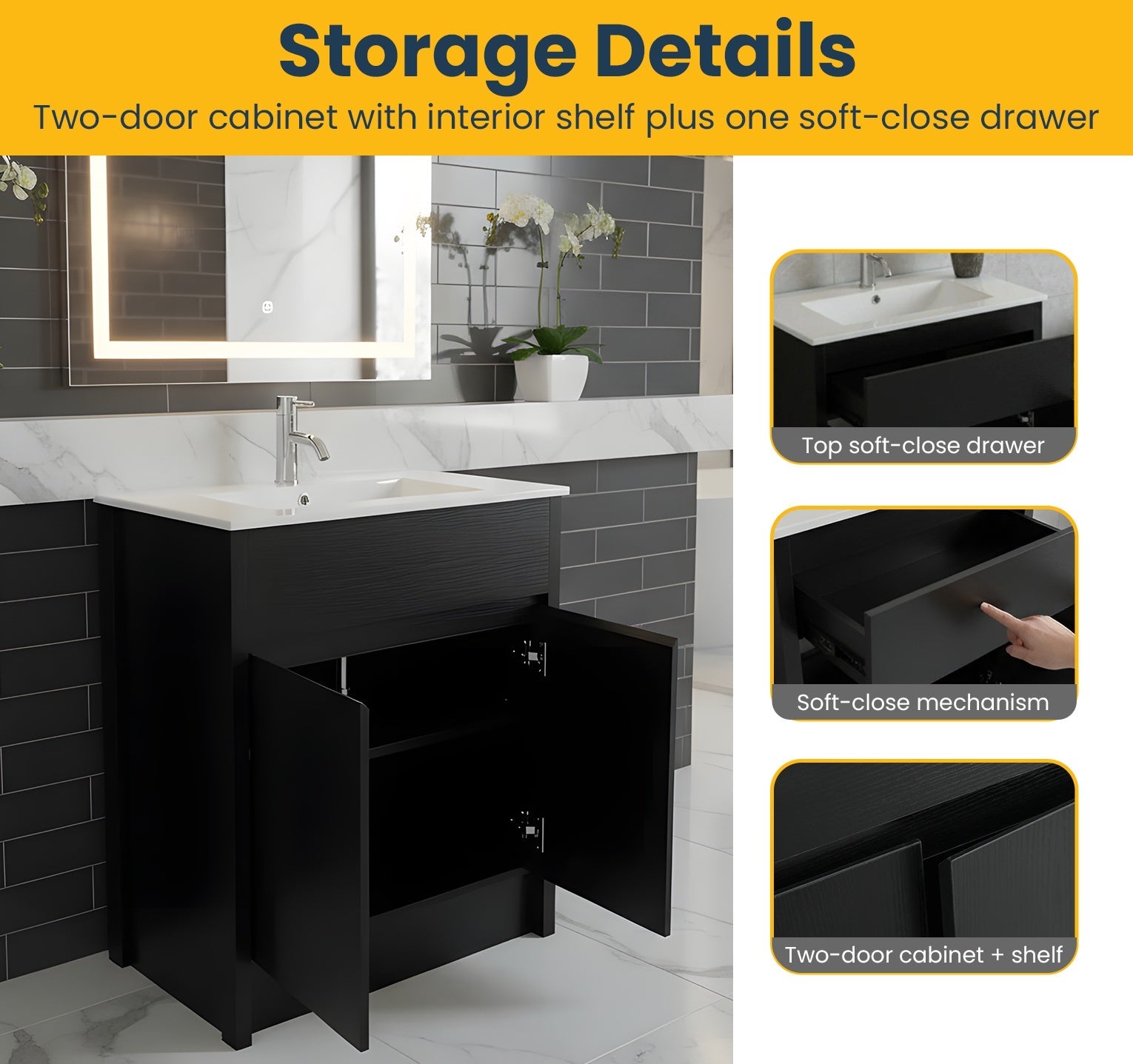 24" Dark Brown Oak Freestanding Bathroom Vanity with White Ceramic Countertop-Migration_Bathroom Vanities-DECOROLALA