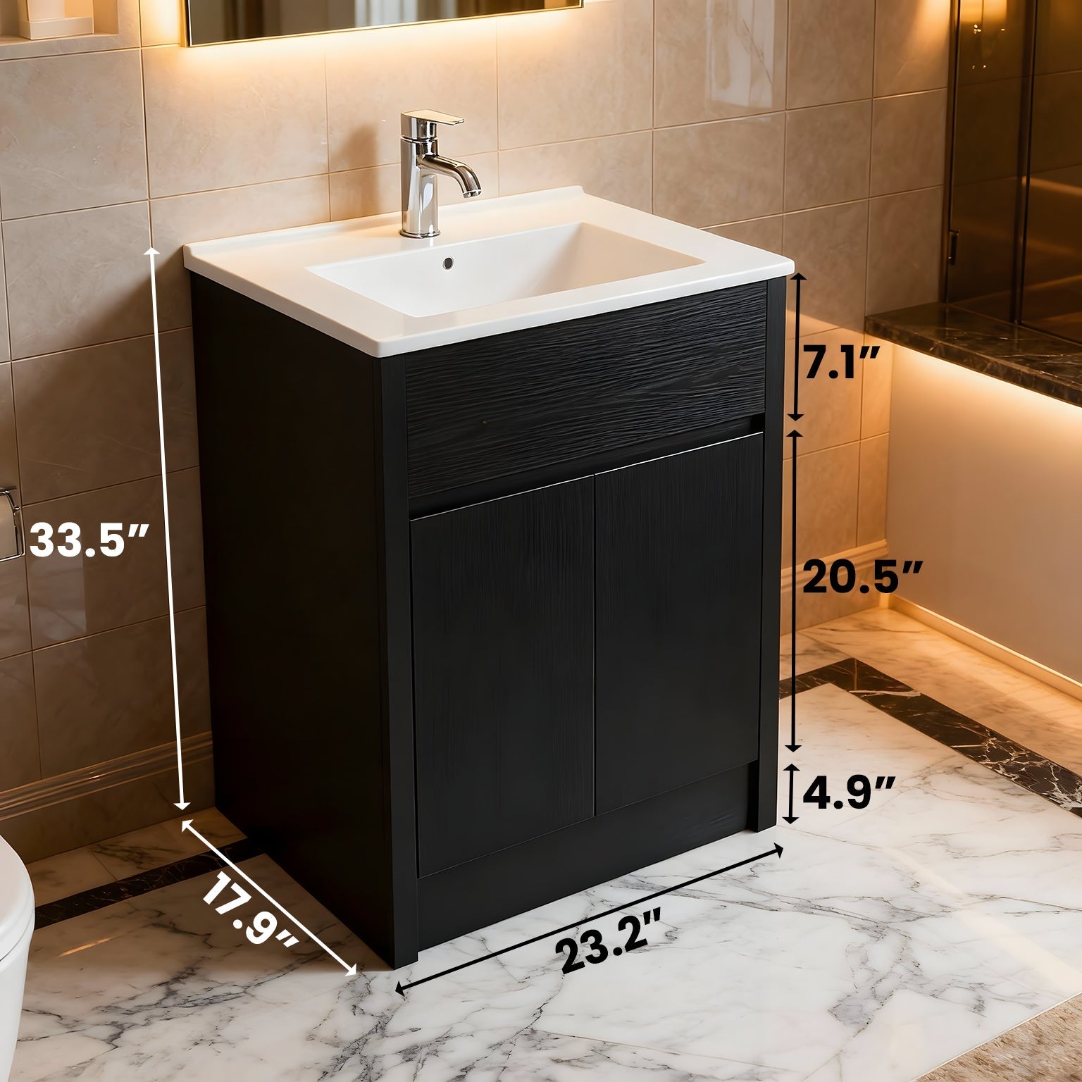 24" Dark Brown Oak Freestanding Bathroom Vanity with White Ceramic Countertop-Migration_Bathroom Vanities-DECOROLALA