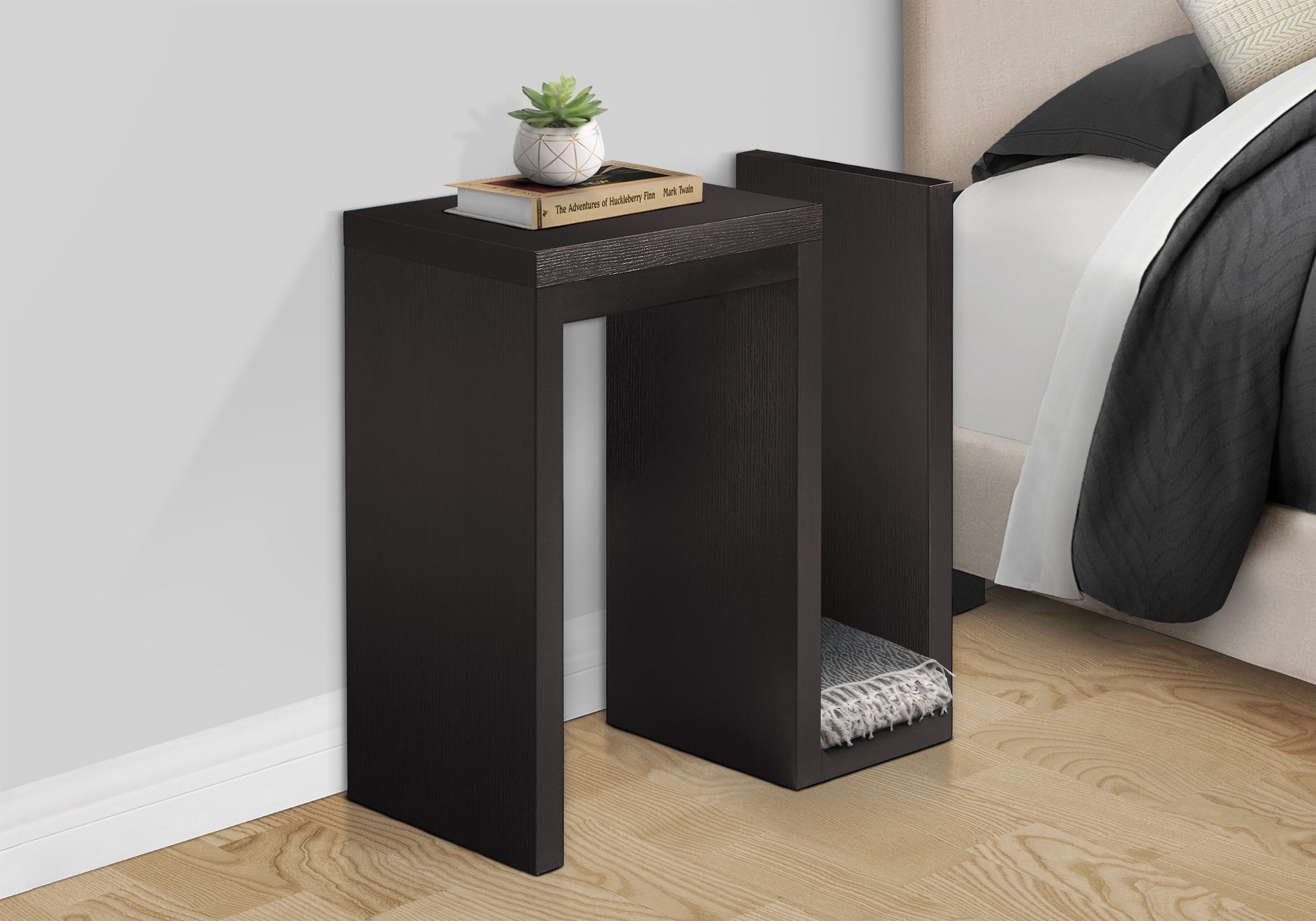 24" Dark Brown Wood And Metal End Table With Shelf-End-Side Tables-DECOROLALA