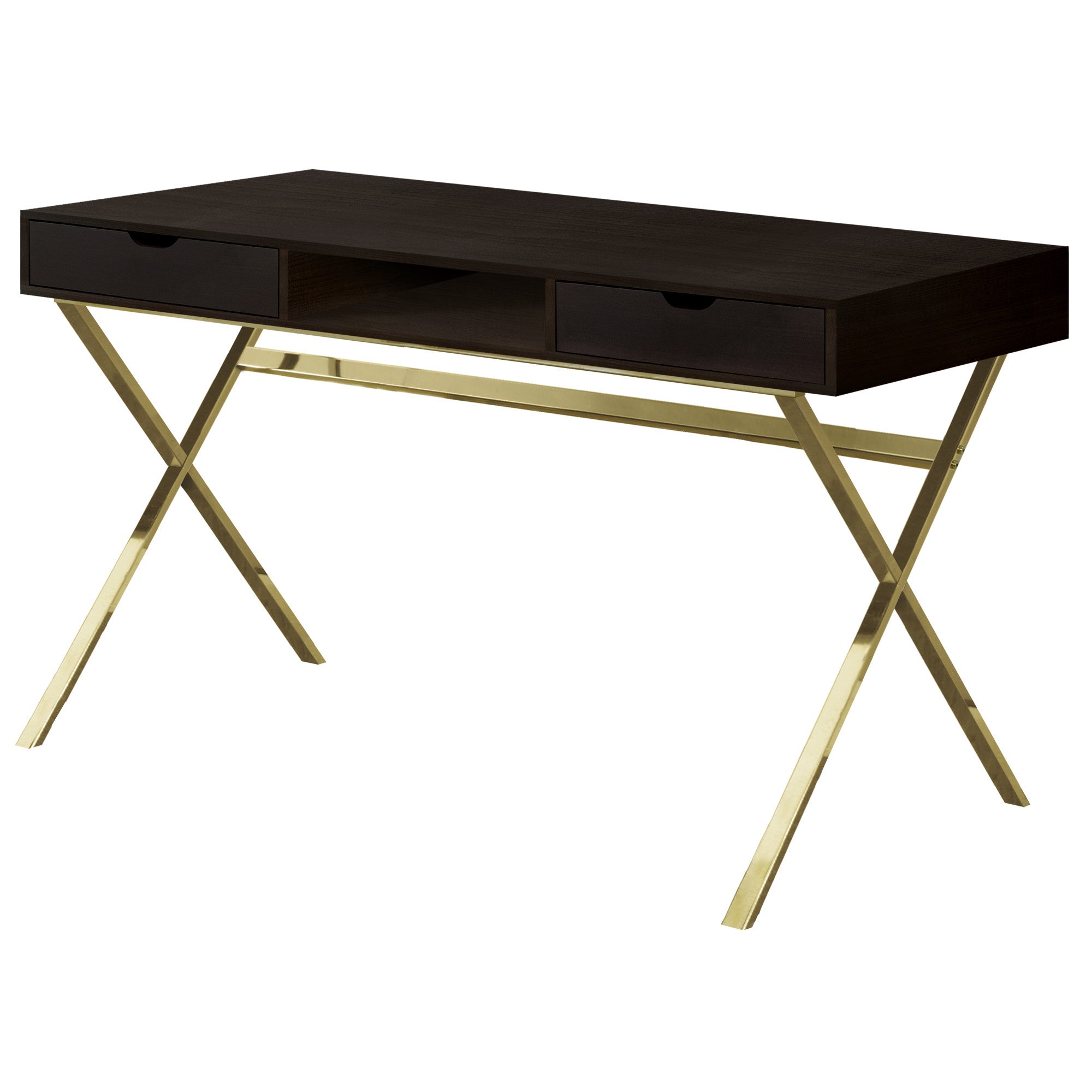 24" Dark Brown and Gold Computer Desk With Two Drawers-Desks-DECOROLALA