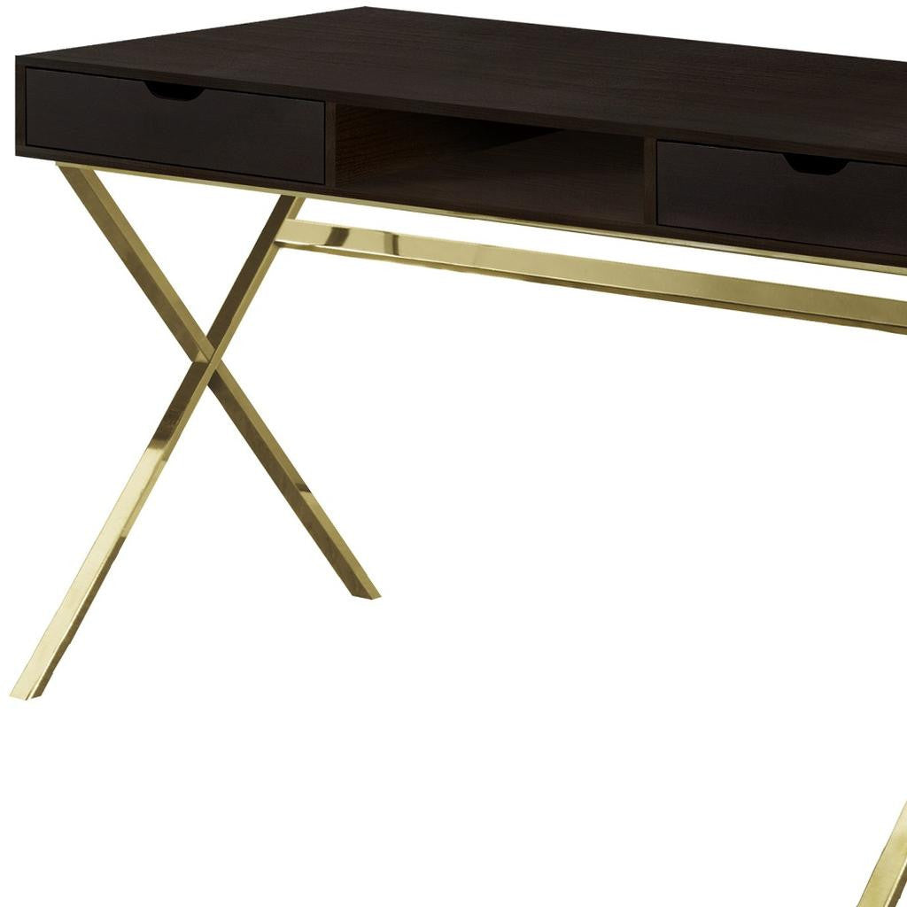 24" Dark Brown and Gold Computer Desk With Two Drawers-Desks-DECOROLALA