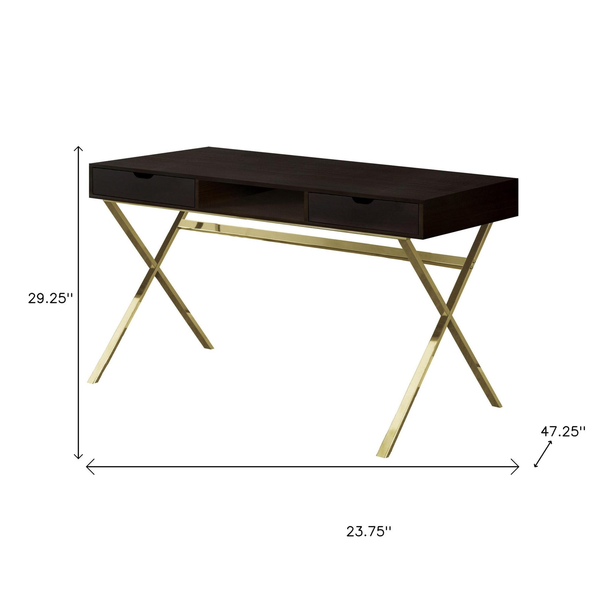 24" Dark Brown and Gold Computer Desk With Two Drawers-Desks-DECOROLALA