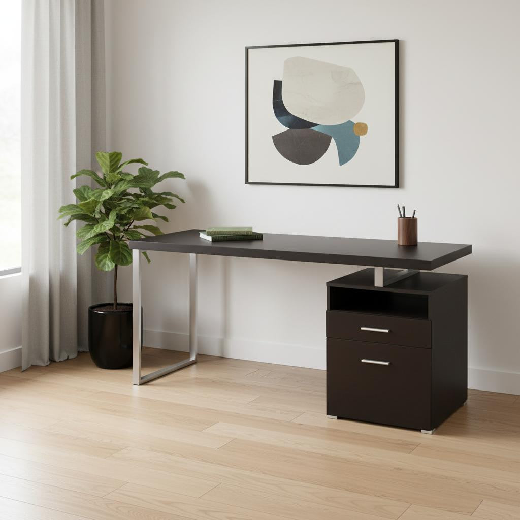 24" Dark Brown and Silver Computer Desk With Two Drawers-Desks-DECOROLALA