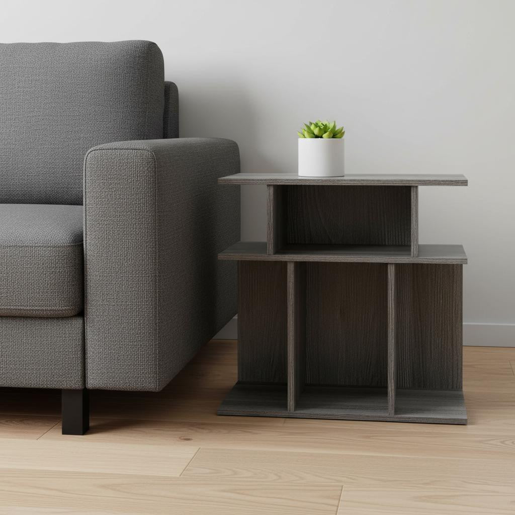 24" Dark Gray Wood End Table With Six Open Shelves-End-Side Tables-DECOROLALA