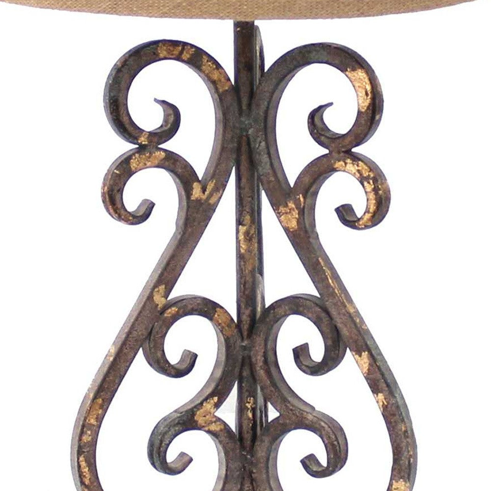 24" Distressed Bronze Metal Novelty Bedside Lamp With Khaki Drum Shade-Table Lamps-DECOROLALA