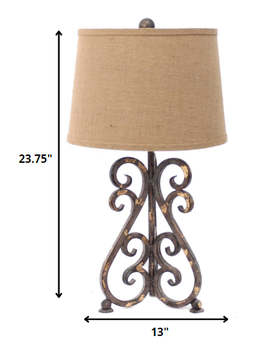 24" Distressed Bronze Metal Novelty Bedside Lamp With Khaki Drum Shade-Table Lamps-DECOROLALA