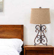 24" Distressed Bronze Metal Novelty Bedside Lamp With Khaki Drum Shade-Table Lamps-DECOROLALA