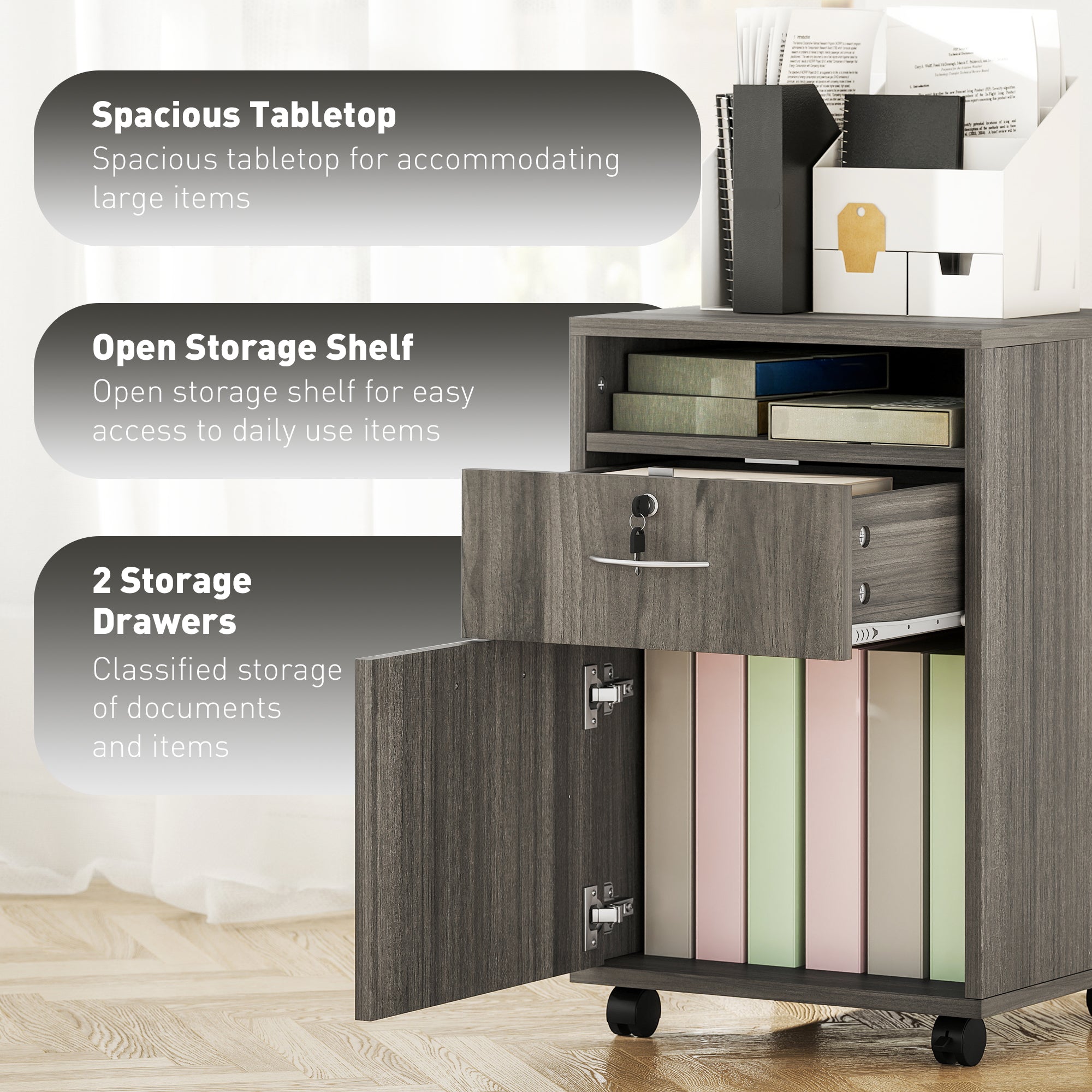 24" Filing Cabinet with Open Compartment, Lockable Drawer and Wheels, Home Office Storage Cabinet, Distressed Grey-Office Products > Office Furniture > Office Cabinets & Cupboards-DECOROLALA