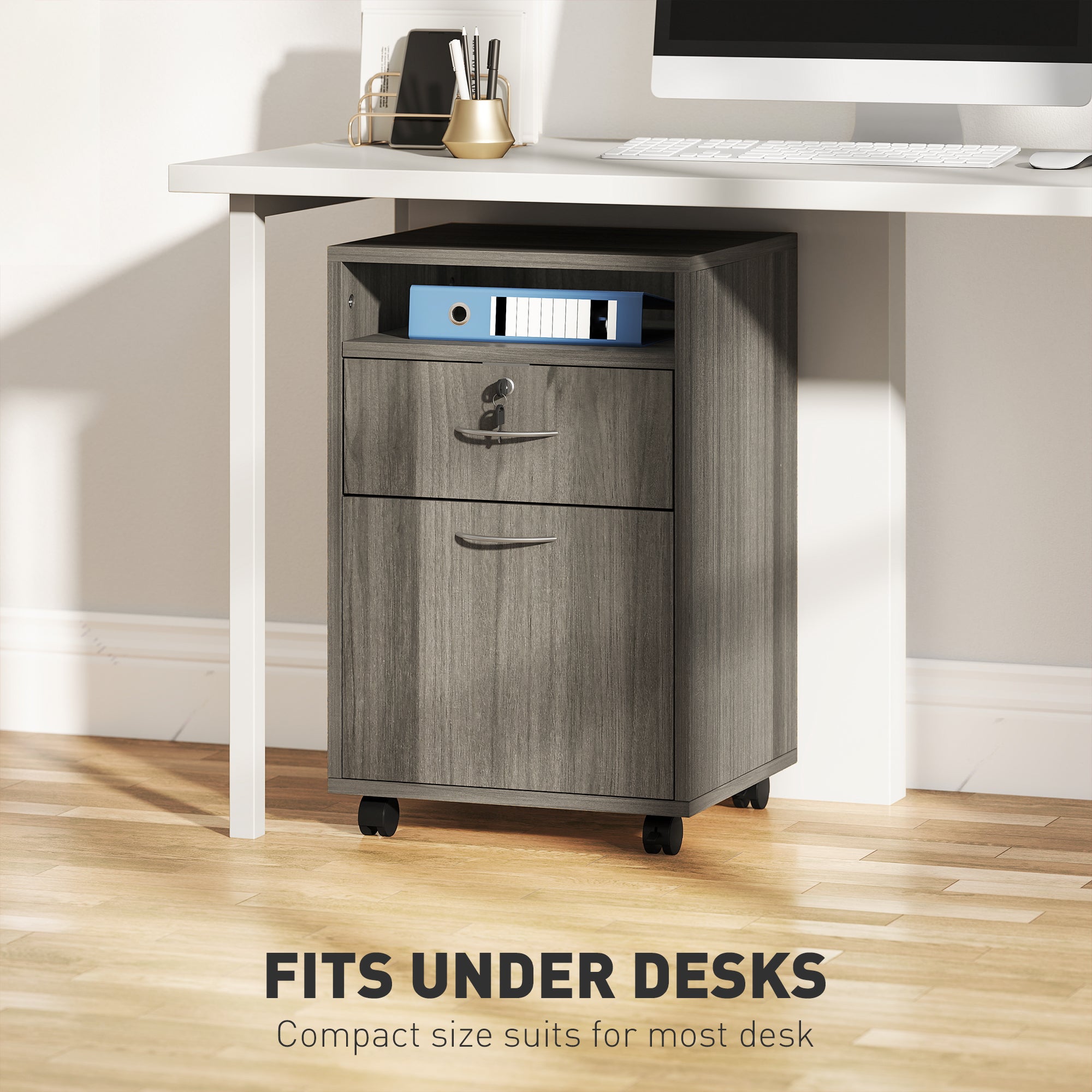 24" Filing Cabinet with Open Compartment, Lockable Drawer and Wheels, Home Office Storage Cabinet, Distressed Grey-Office Products > Office Furniture > Office Cabinets & Cupboards-DECOROLALA