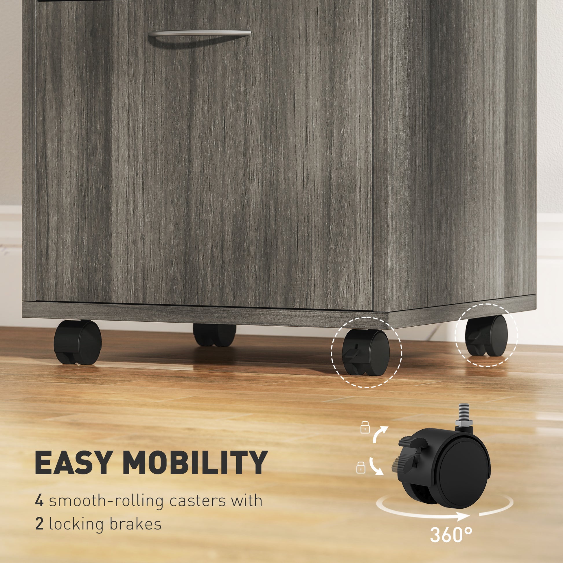 24" Filing Cabinet with Open Compartment, Lockable Drawer and Wheels, Home Office Storage Cabinet, Distressed Grey-Office Products > Office Furniture > Office Cabinets & Cupboards-DECOROLALA