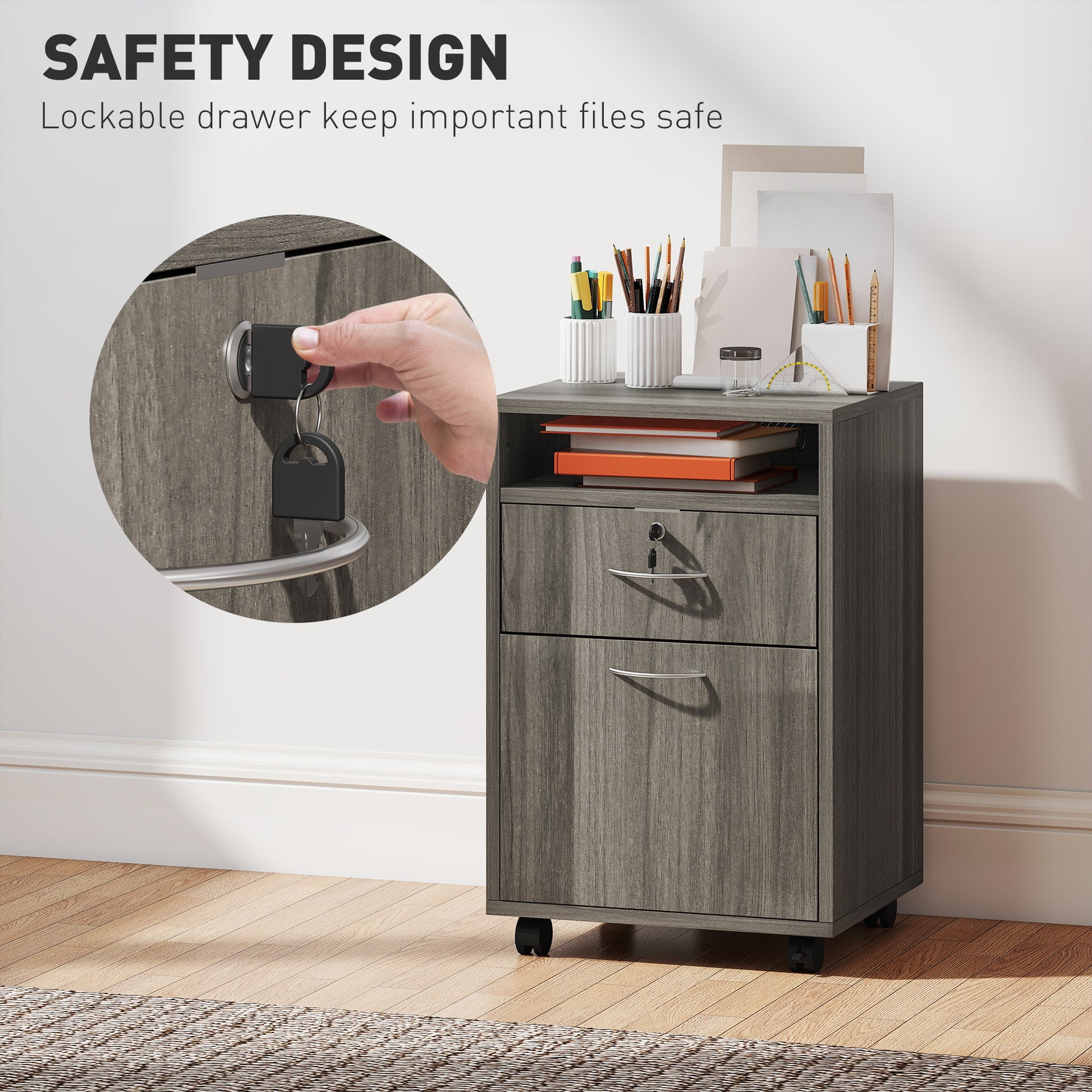 24" Filing Cabinet with Open Compartment, Lockable Drawer and Wheels, Home Office Storage Cabinet, Distressed Grey-Office Products > Office Furniture > Office Cabinets & Cupboards-DECOROLALA