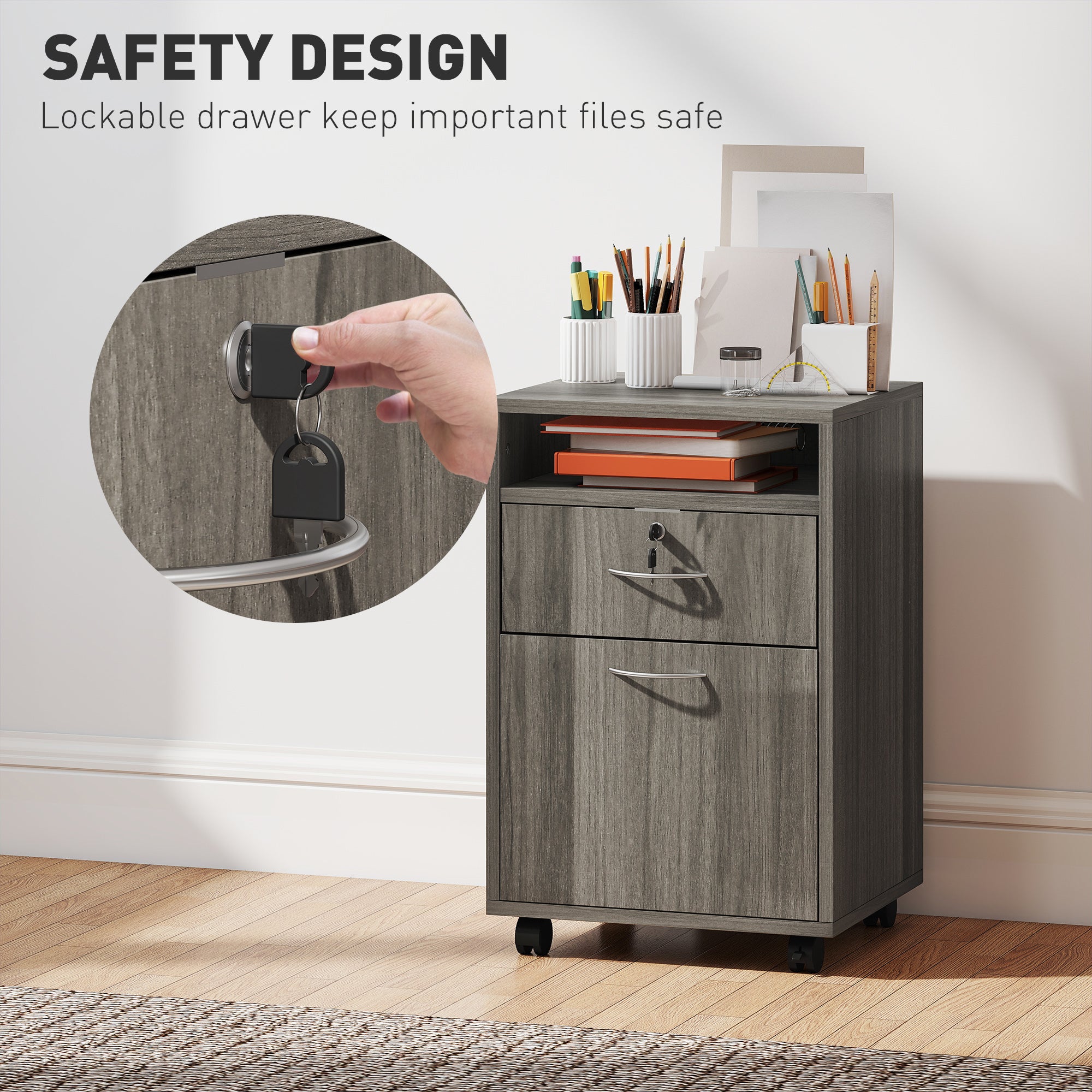 24" Filing Cabinet with Open Compartment, Lockable Drawer and Wheels, Home Office Storage Cabinet, Distressed Grey-Office Products > Office Furniture > Office Cabinets & Cupboards-DECOROLALA