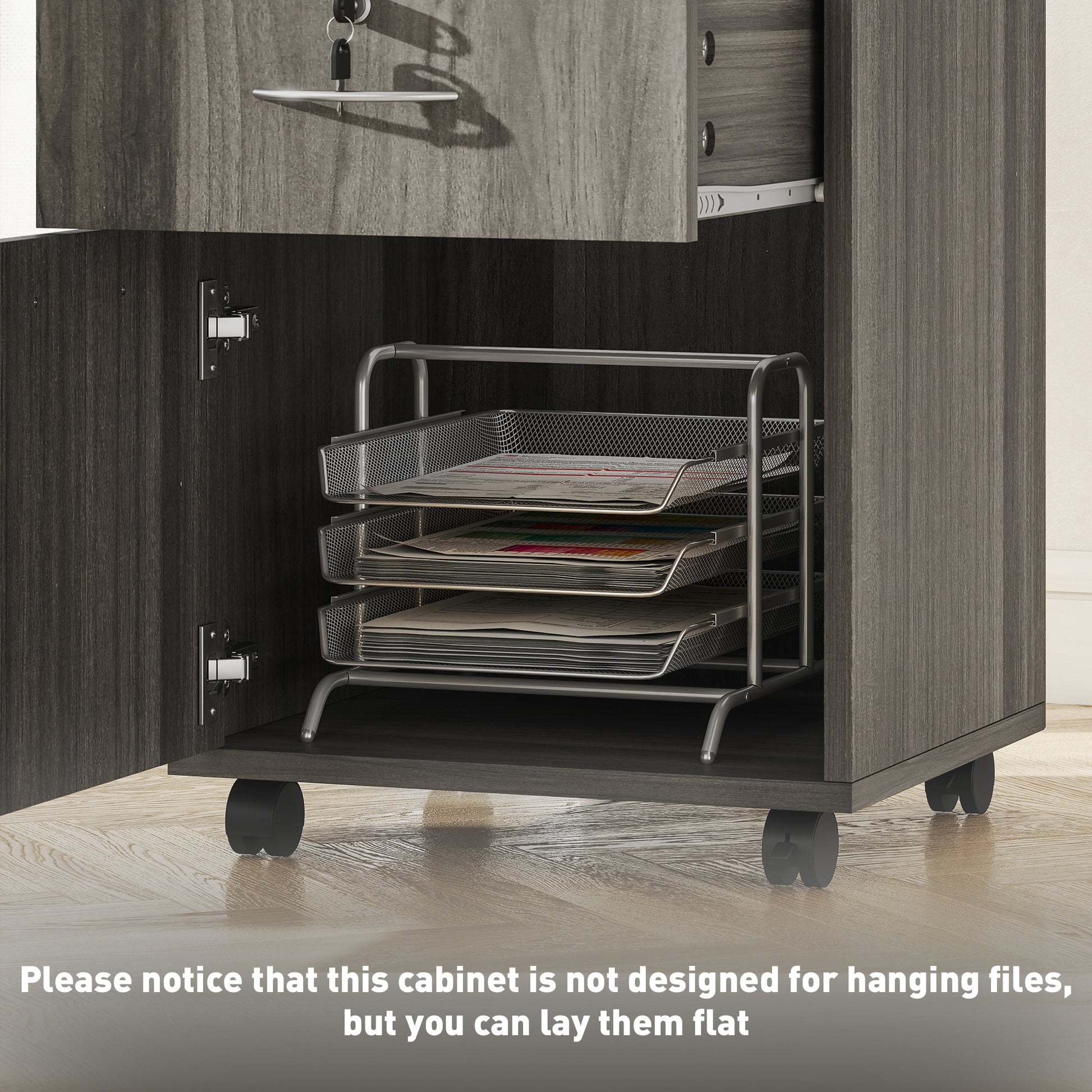 24" Filing Cabinet with Open Compartment, Lockable Drawer and Wheels, Home Office Storage Cabinet, Distressed Grey-Office Products > Office Furniture > Office Cabinets & Cupboards-DECOROLALA