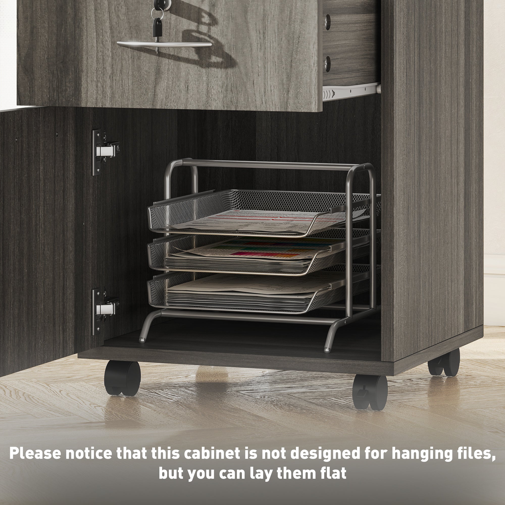 24" Filing Cabinet with Open Compartment, Lockable Drawer and Wheels, Home Office Storage Cabinet, Distressed Grey-Office Products > Office Furniture > Office Cabinets & Cupboards-DECOROLALA