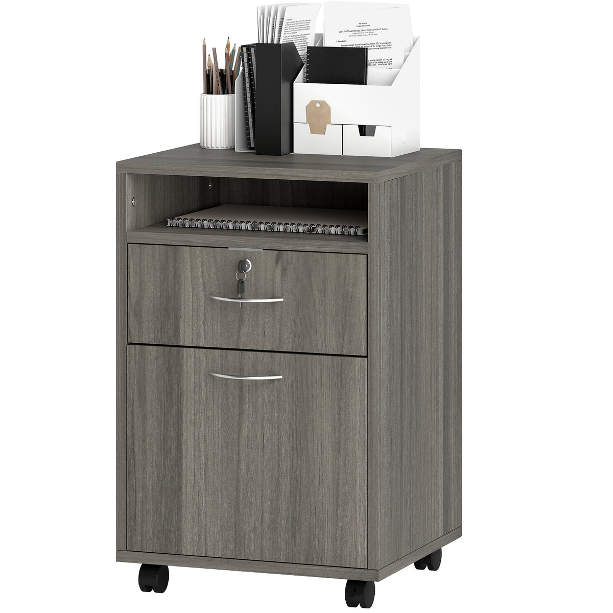 24" Filing Cabinet with Open Compartment, Lockable Drawer and Wheels, Home Office Storage Cabinet, Distressed Grey-Office Storage Cabinets-DECOROLALA