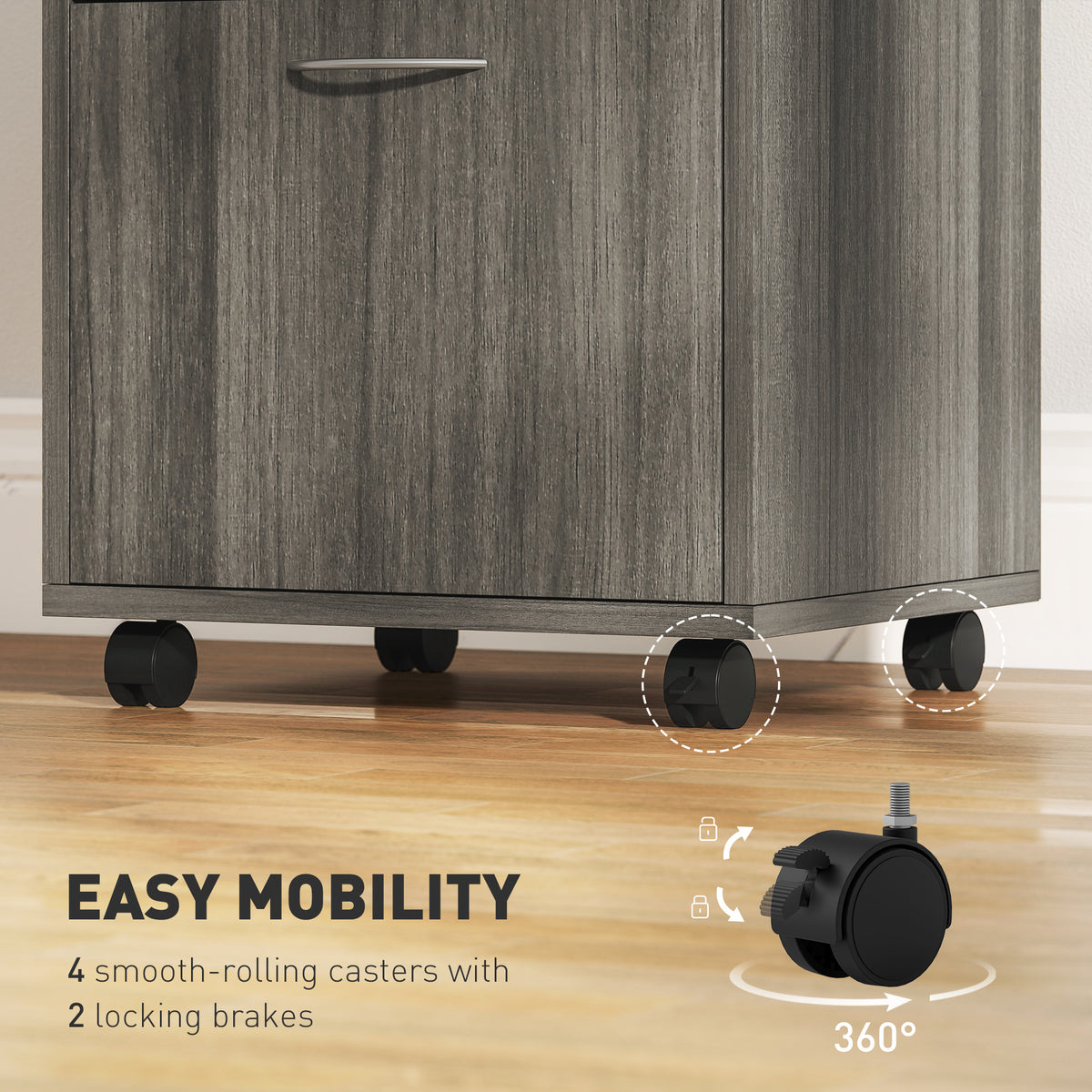 24" Filing Cabinet with Open Compartment, Lockable Drawer and Wheels, Home Office Storage Cabinet, Distressed Grey-Office Storage Cabinets-DECOROLALA