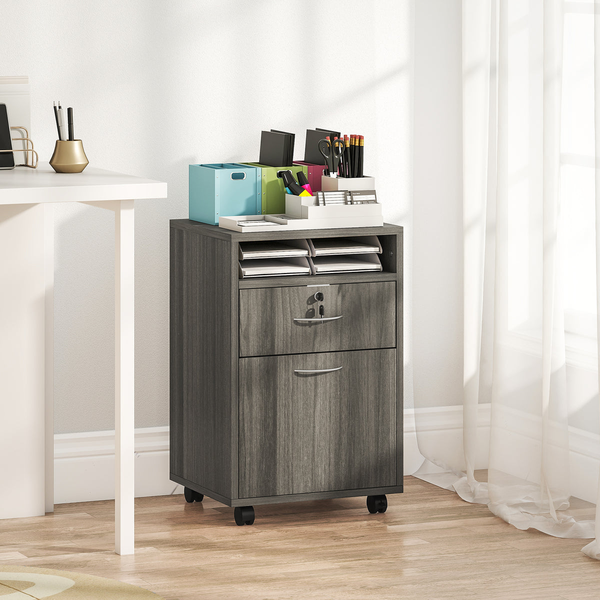 24" Filing Cabinet with Open Compartment, Lockable Drawer and Wheels, Home Office Storage Cabinet, Distressed Grey-Office Storage Cabinets-DECOROLALA