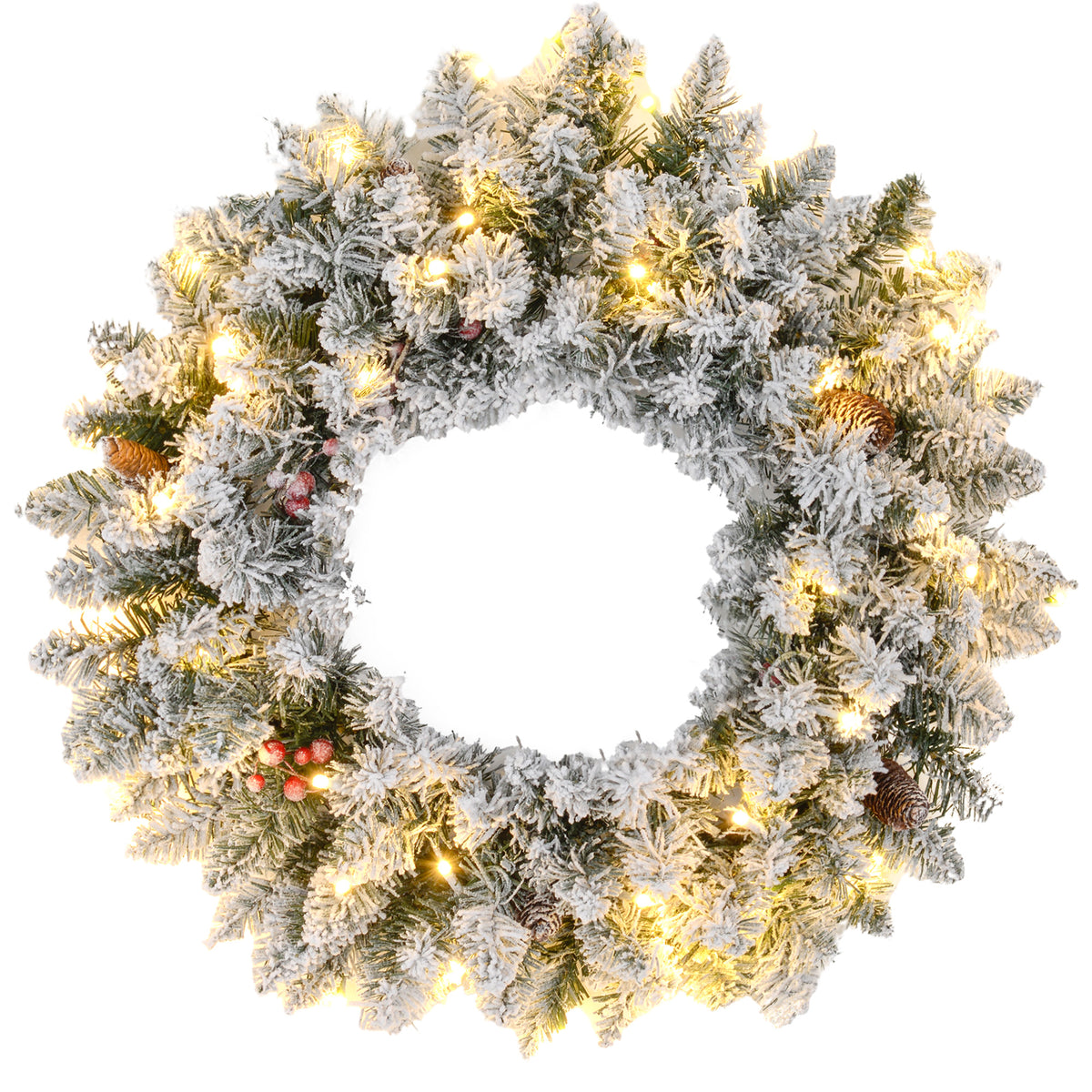 24" Flocked Christmas Wreath with 50 LED Lights - Green-Home Furnishings > Holiday & Seasonal > Christmas Decorations > Christmas Wreaths-DECOROLALA
