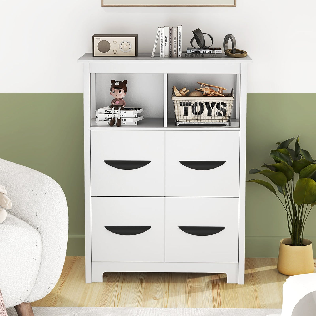 24" Floor Storage Cabinet with 2 Drawers and 2 Shelves - White-Floor Cabinets-DECOROLALA