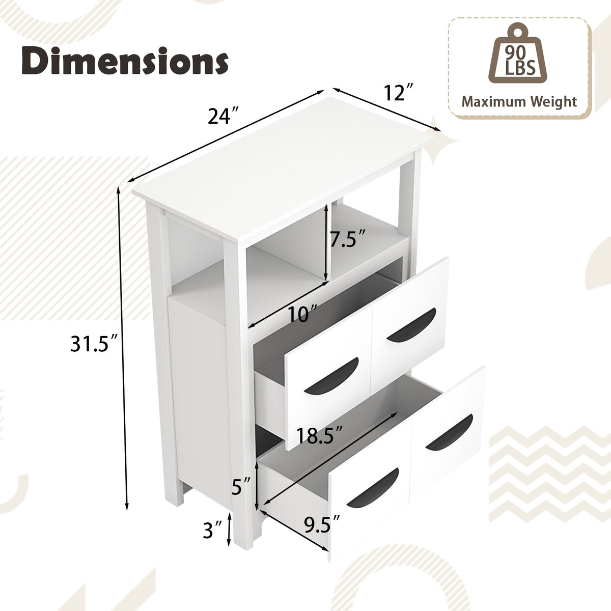 24" Floor Storage Cabinet with 2 Drawers and 2 Shelves - White-Floor Cabinets-DECOROLALA