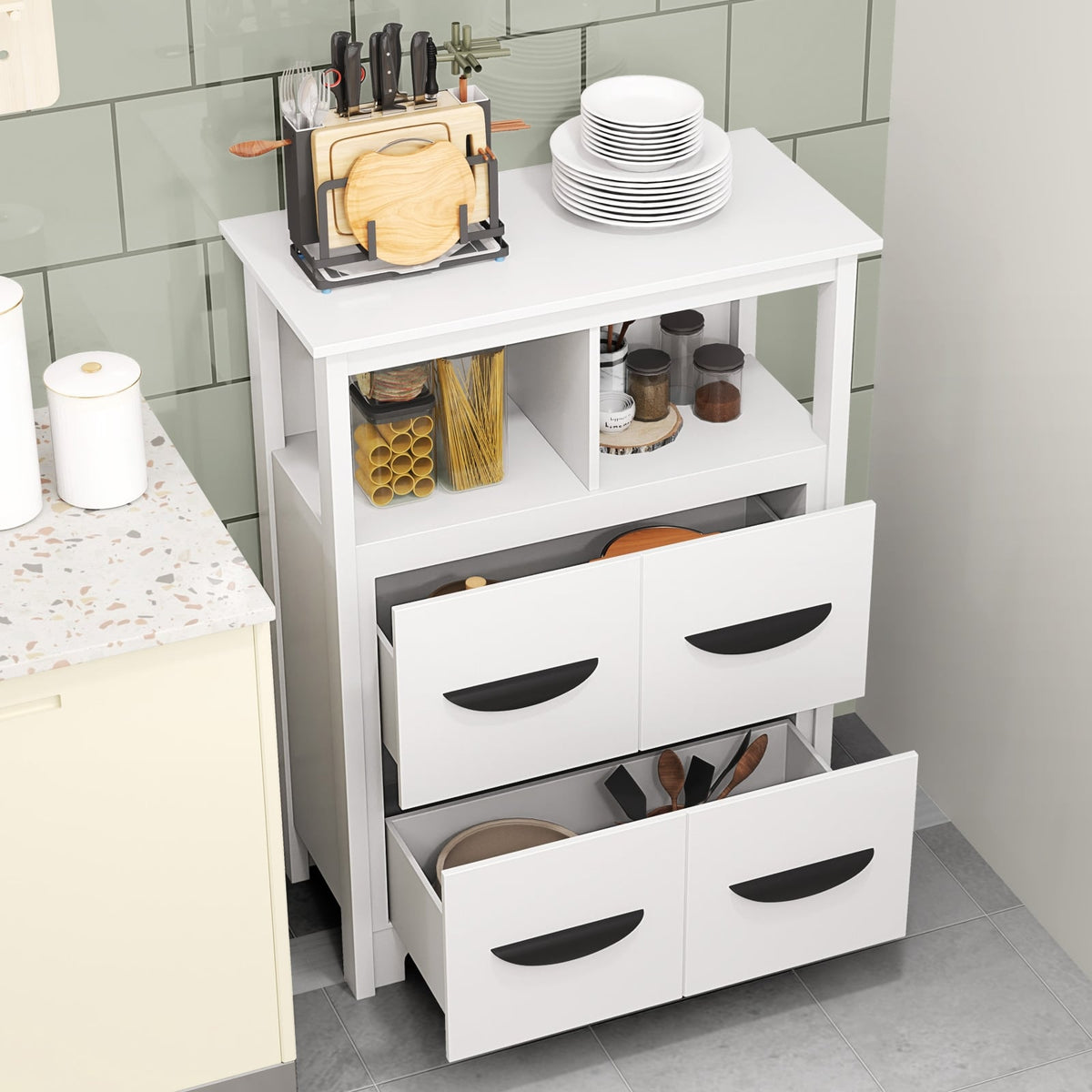 24" Floor Storage Cabinet with 2 Drawers and 2 Shelves - White-Floor Cabinets-DECOROLALA