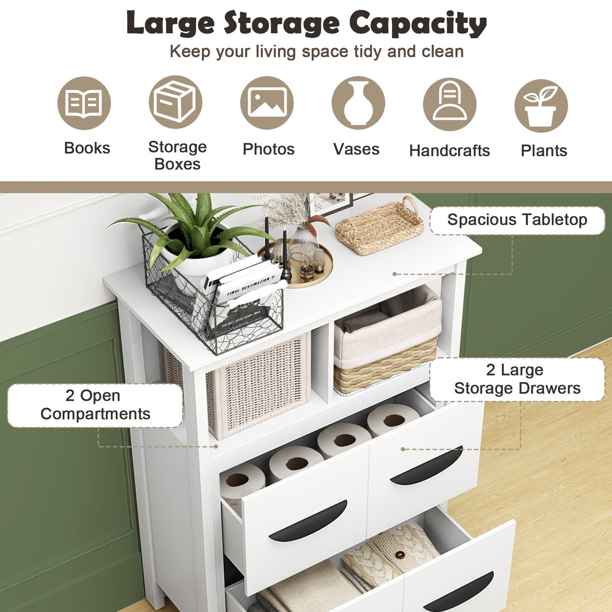 24" Floor Storage Cabinet with 2 Drawers and 2 Shelves - White-Floor Cabinets-DECOROLALA