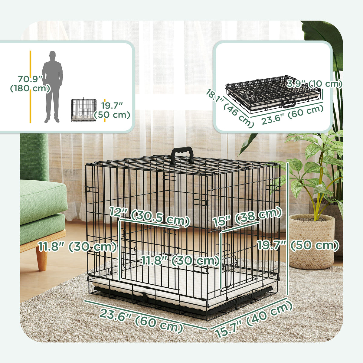 24" Folding Metal 2-Door Dog Crate with Cushion - Black-Dogs-DECOROLALA