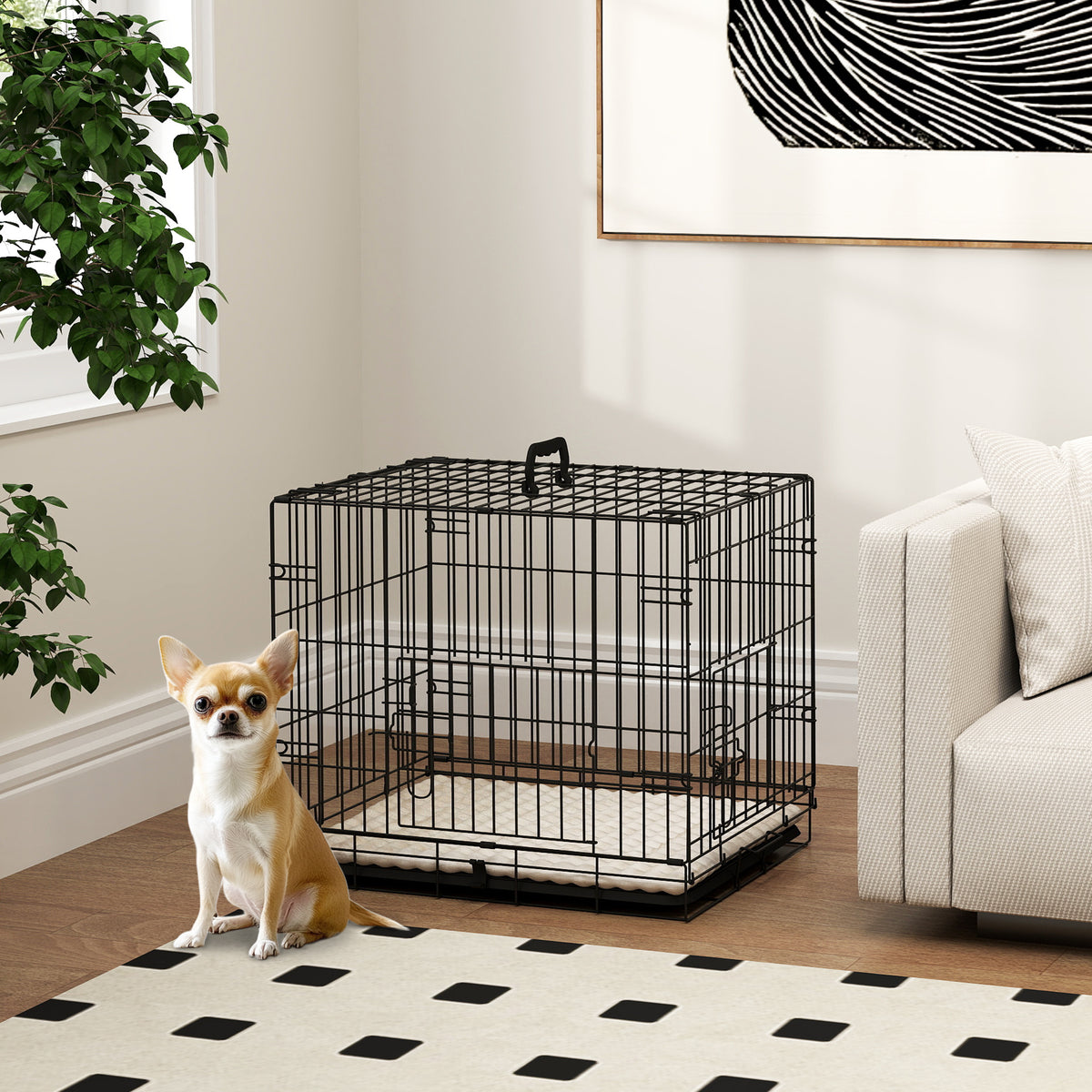 24" Folding Metal 2-Door Dog Crate with Cushion - Black-Dogs-DECOROLALA