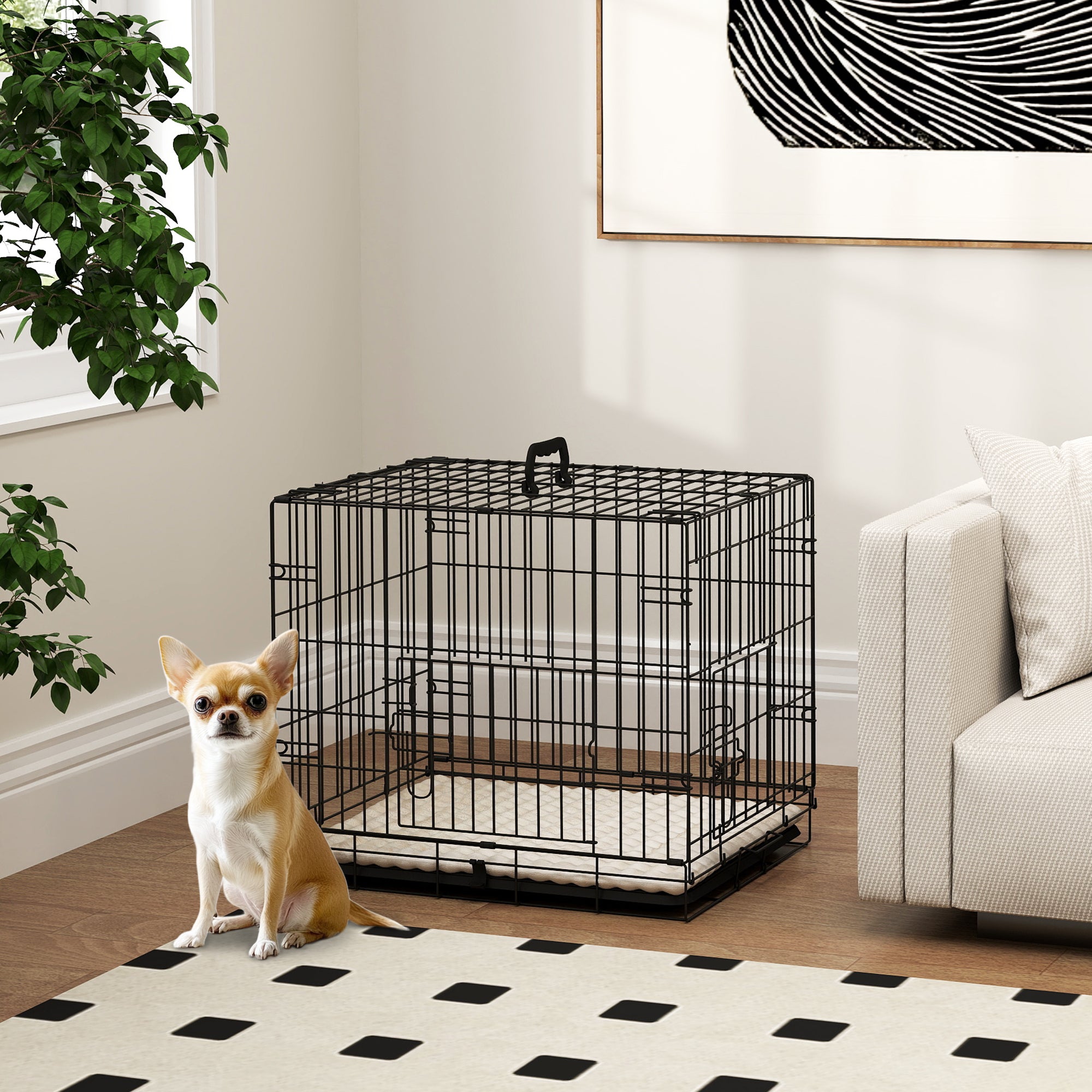 24" Folding Metal 2-Door Dog Crate with Cushion - Black-Dogs-DECOROLALA