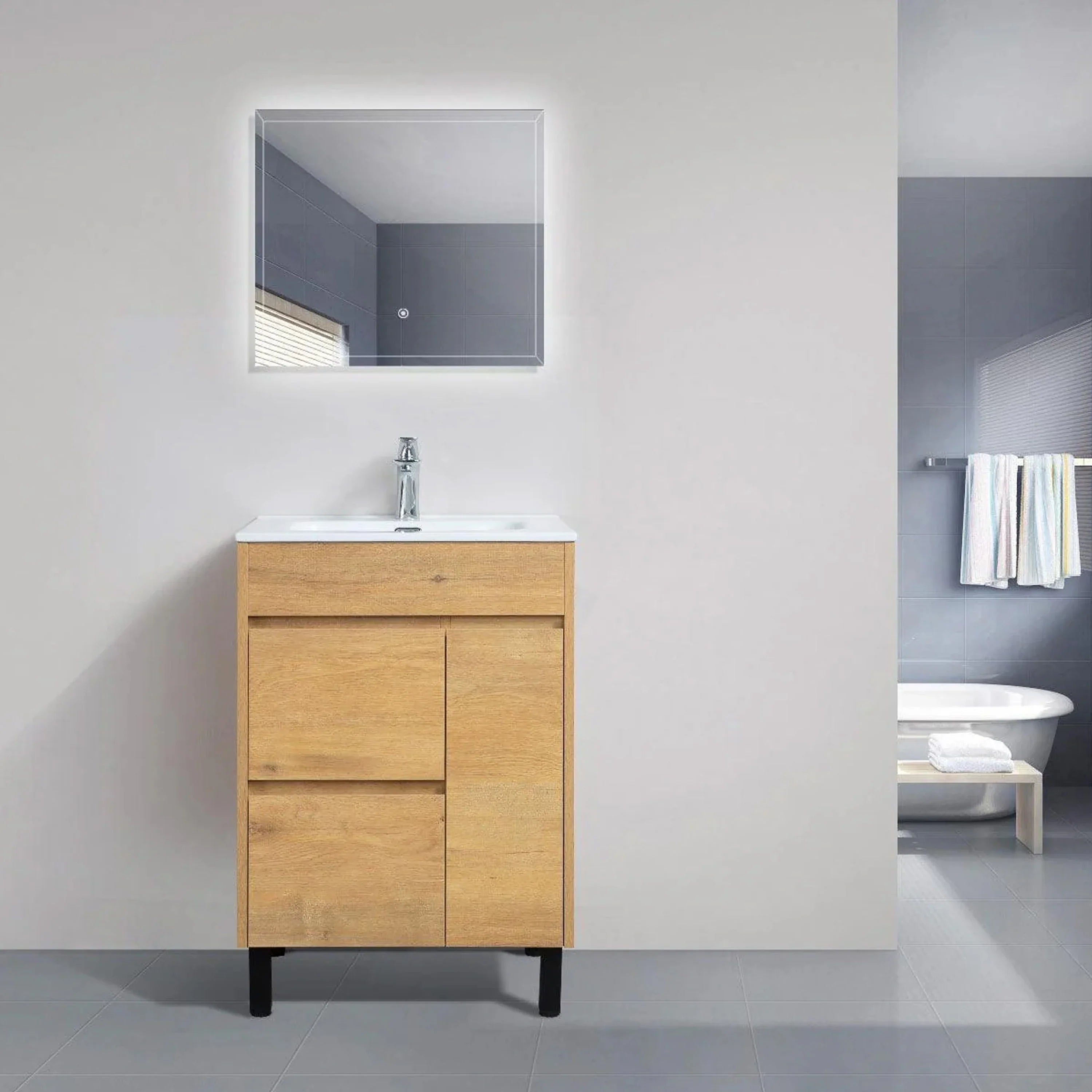 24" Frosted Oak Freestanding Bathroom Vanity with White Ceramic Countertop-Migration_Bathroom Vanities-DECOROLALA