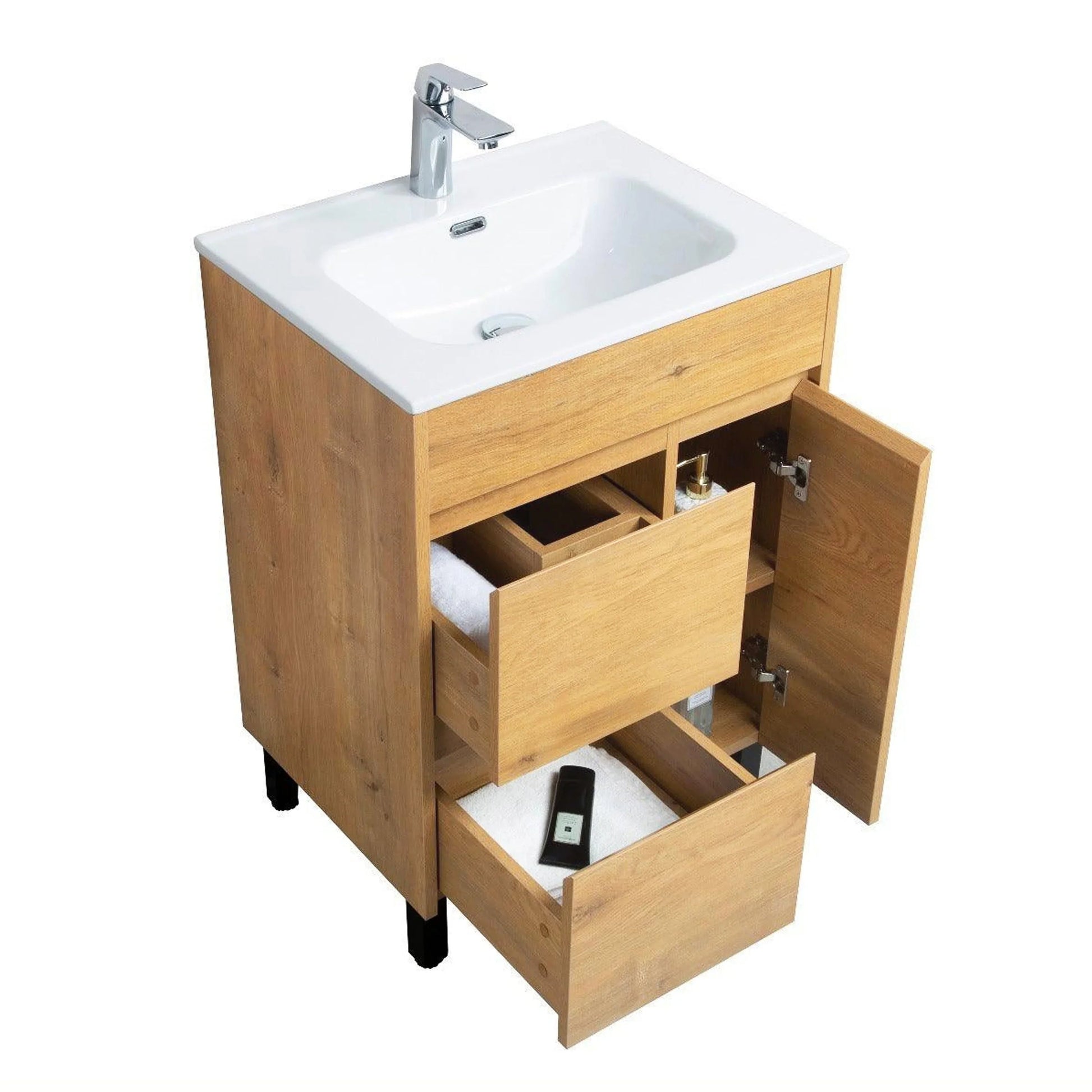 24" Frosted Oak Freestanding Bathroom Vanity with White Ceramic Countertop-Migration_Bathroom Vanities-DECOROLALA