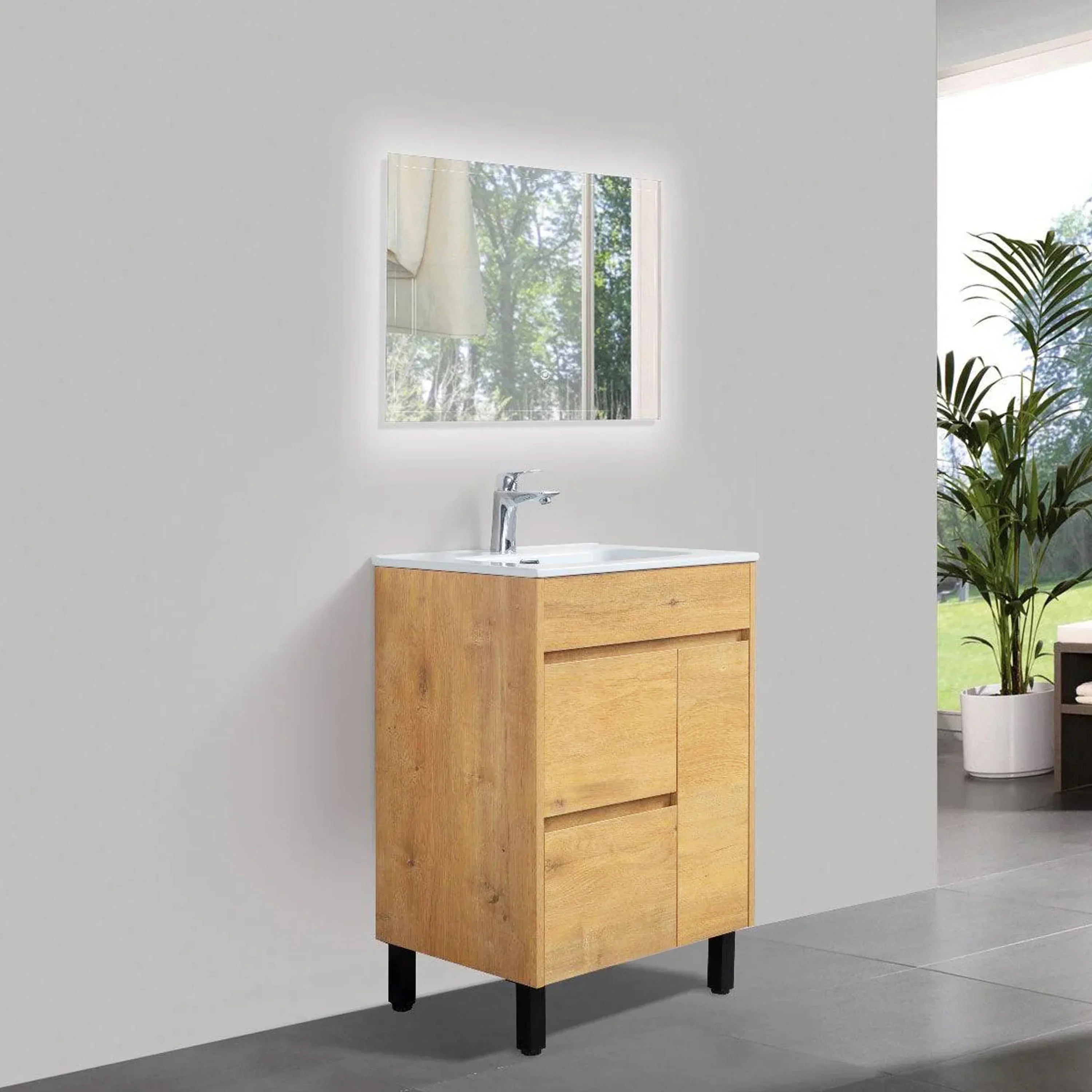 24" Frosted Oak Freestanding Bathroom Vanity with White Ceramic Countertop-Migration_Bathroom Vanities-DECOROLALA