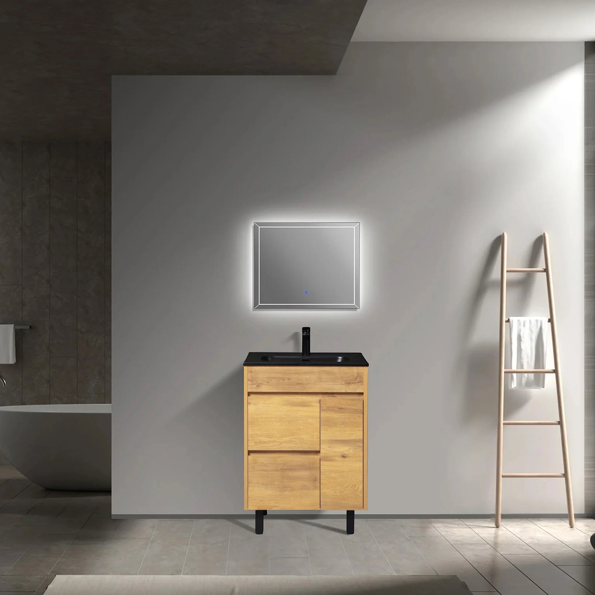 24" Frosted Oak Freestanding Single Sink Bathroom Vanity with Black Ceramic Countetop-Migration_Bathroom Vanities-DECOROLALA