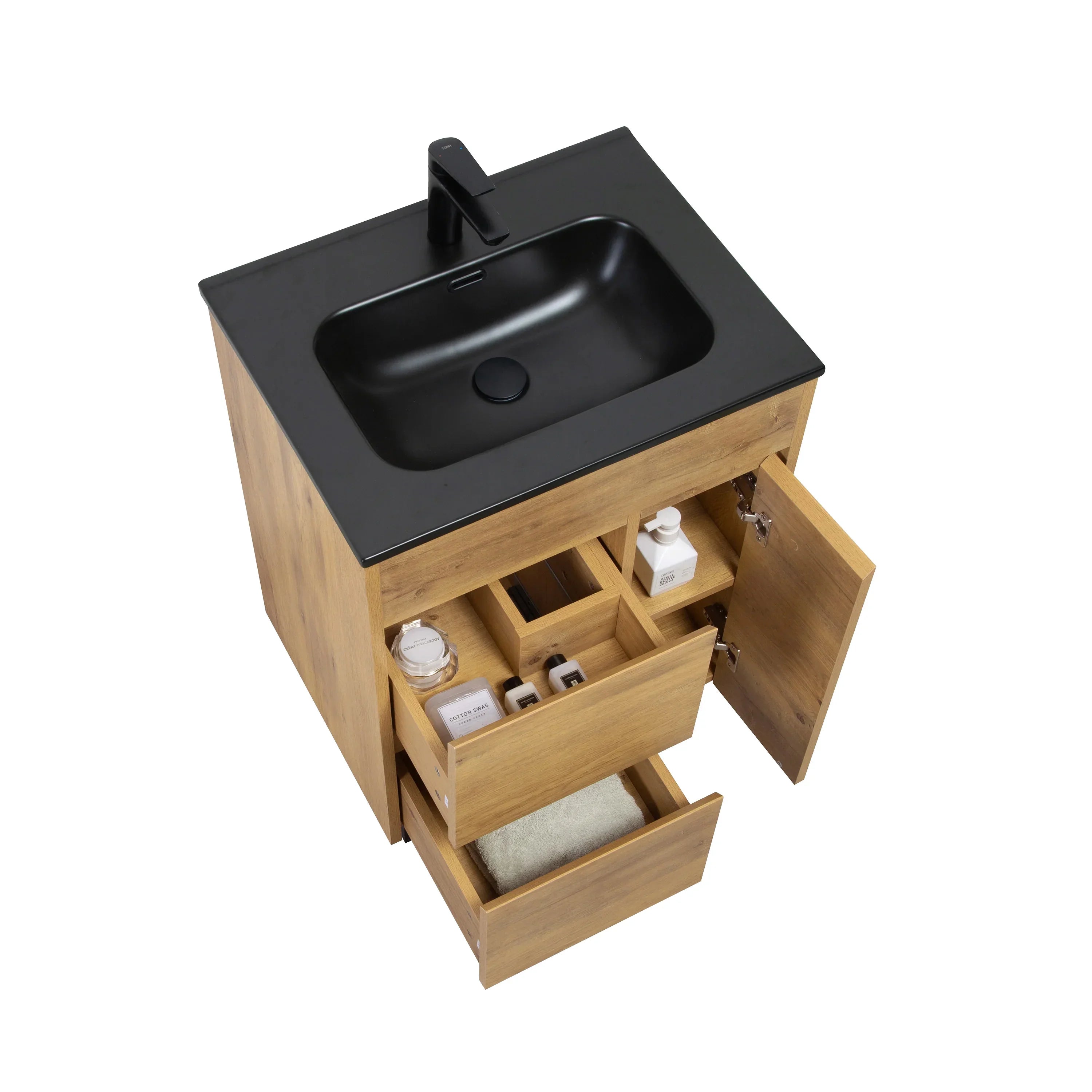 24" Frosted Oak Freestanding Single Sink Bathroom Vanity with Black Ceramic Countetop-Migration_Bathroom Vanities-DECOROLALA