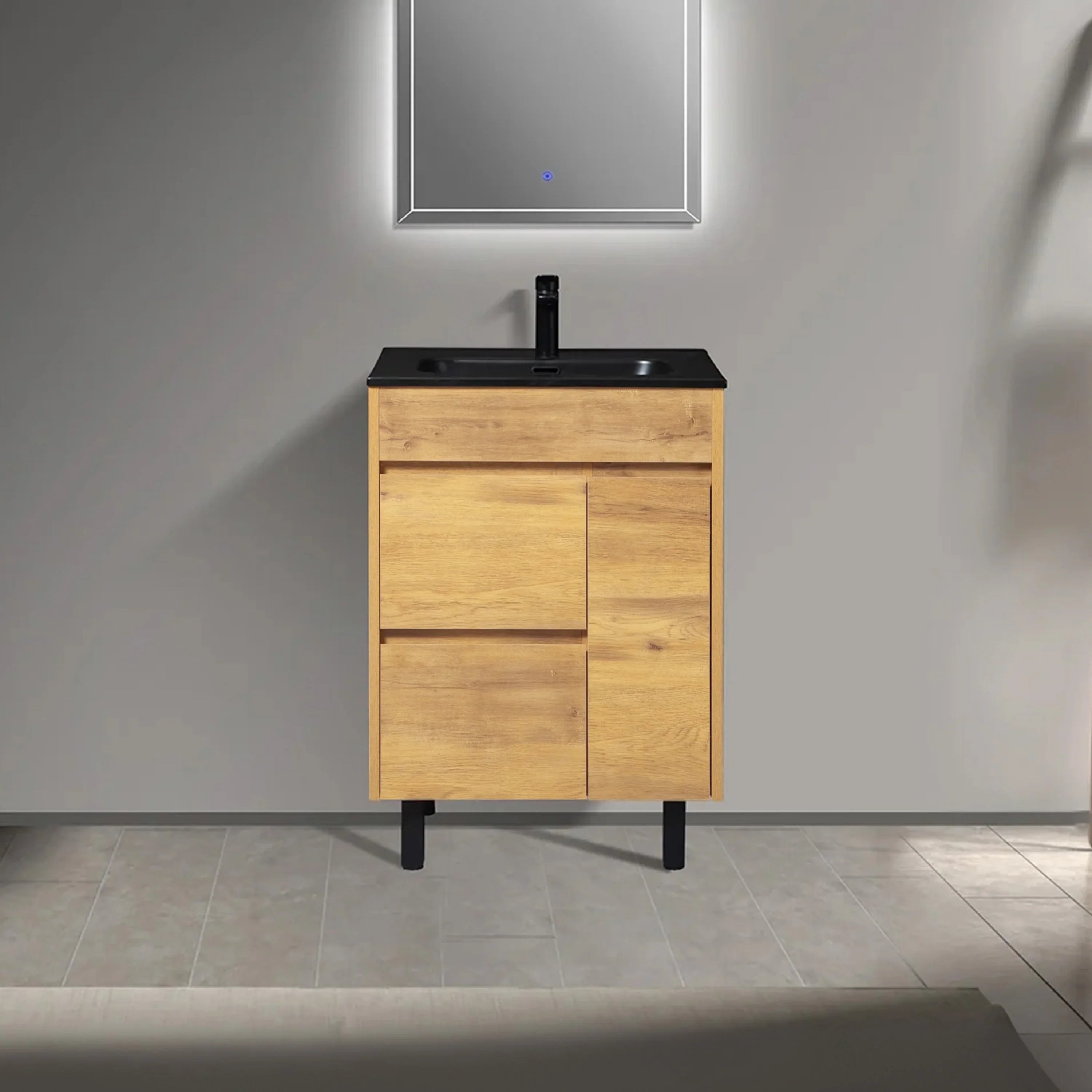 24" Frosted Oak Freestanding Single Sink Bathroom Vanity with Black Ceramic Countetop-Migration_Bathroom Vanities-DECOROLALA