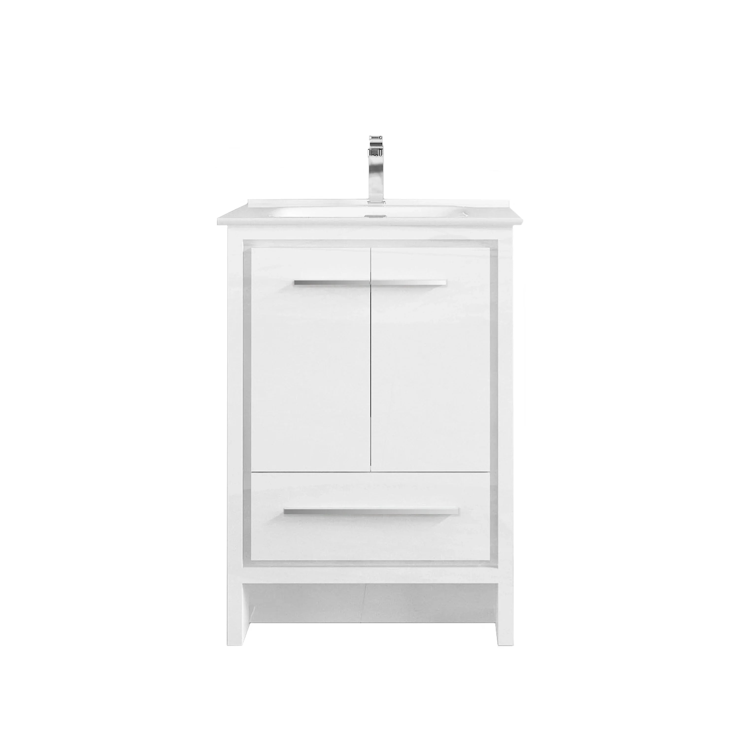 24" Glossy White Freestanding Single Sink Bathroom Vanity with White Ceramic Countertop-Migration_Bathroom Vanities-DECOROLALA