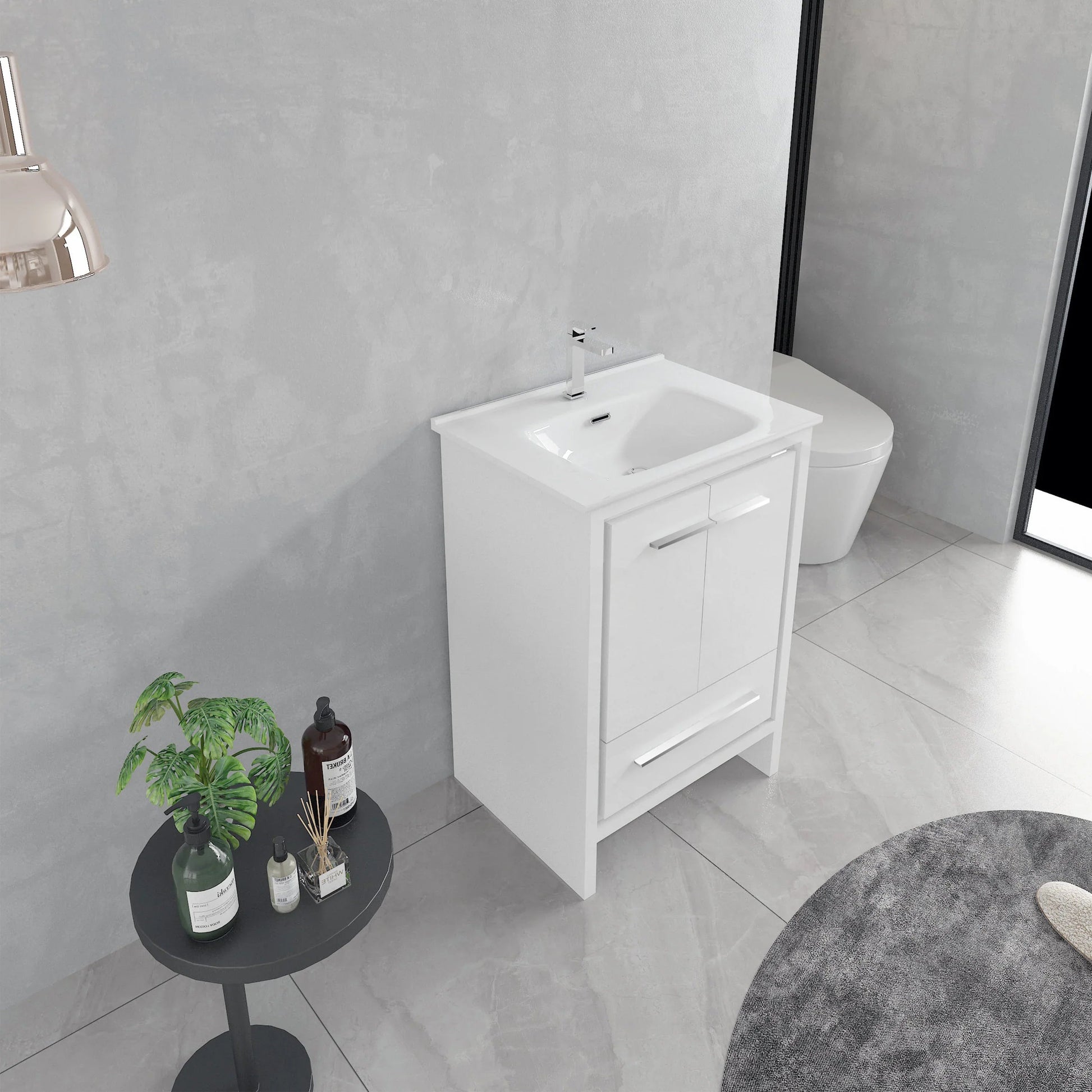 24" Glossy White Freestanding Single Sink Bathroom Vanity with White Ceramic Countertop-Migration_Bathroom Vanities-DECOROLALA