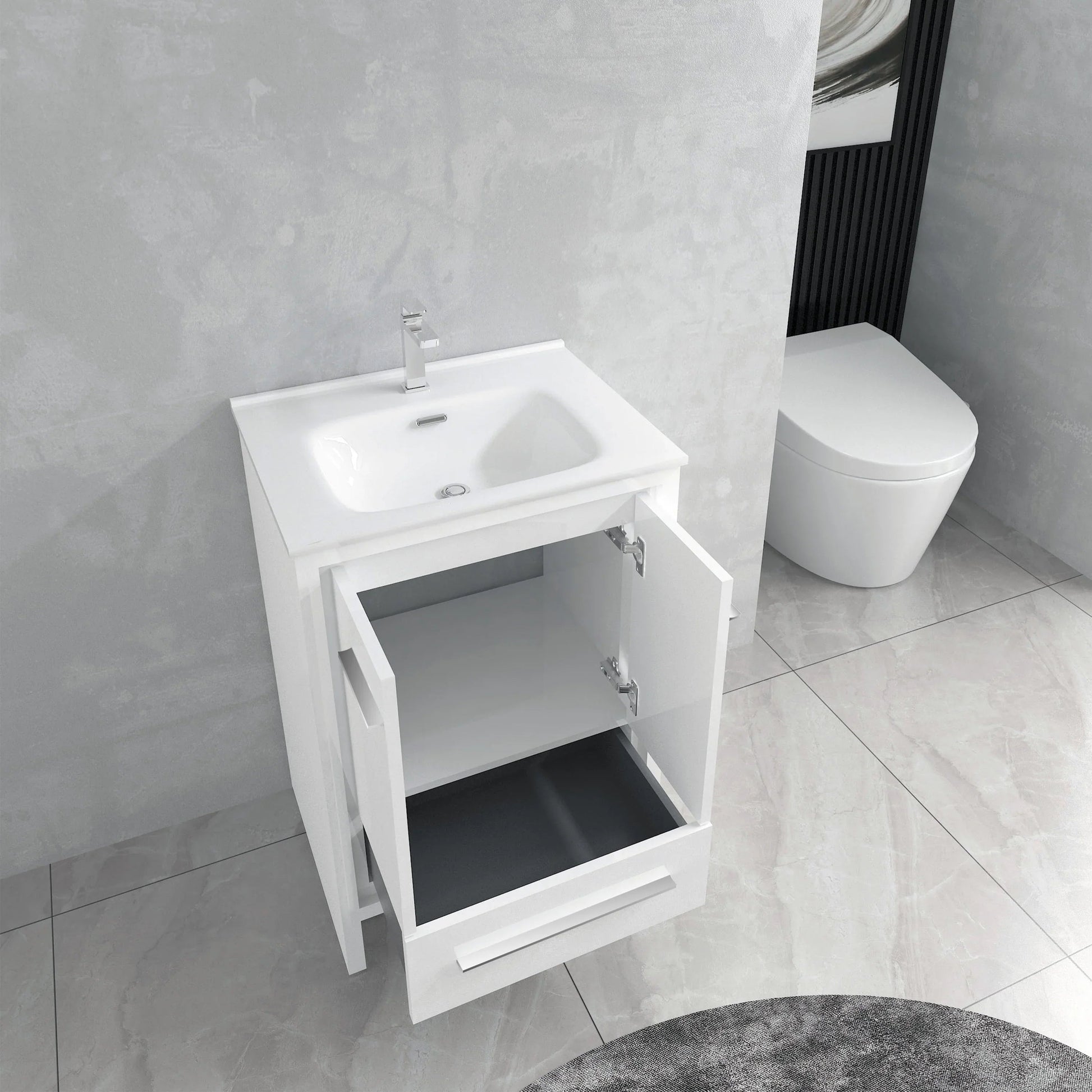 24" Glossy White Freestanding Single Sink Bathroom Vanity with White Ceramic Countertop-Migration_Bathroom Vanities-DECOROLALA