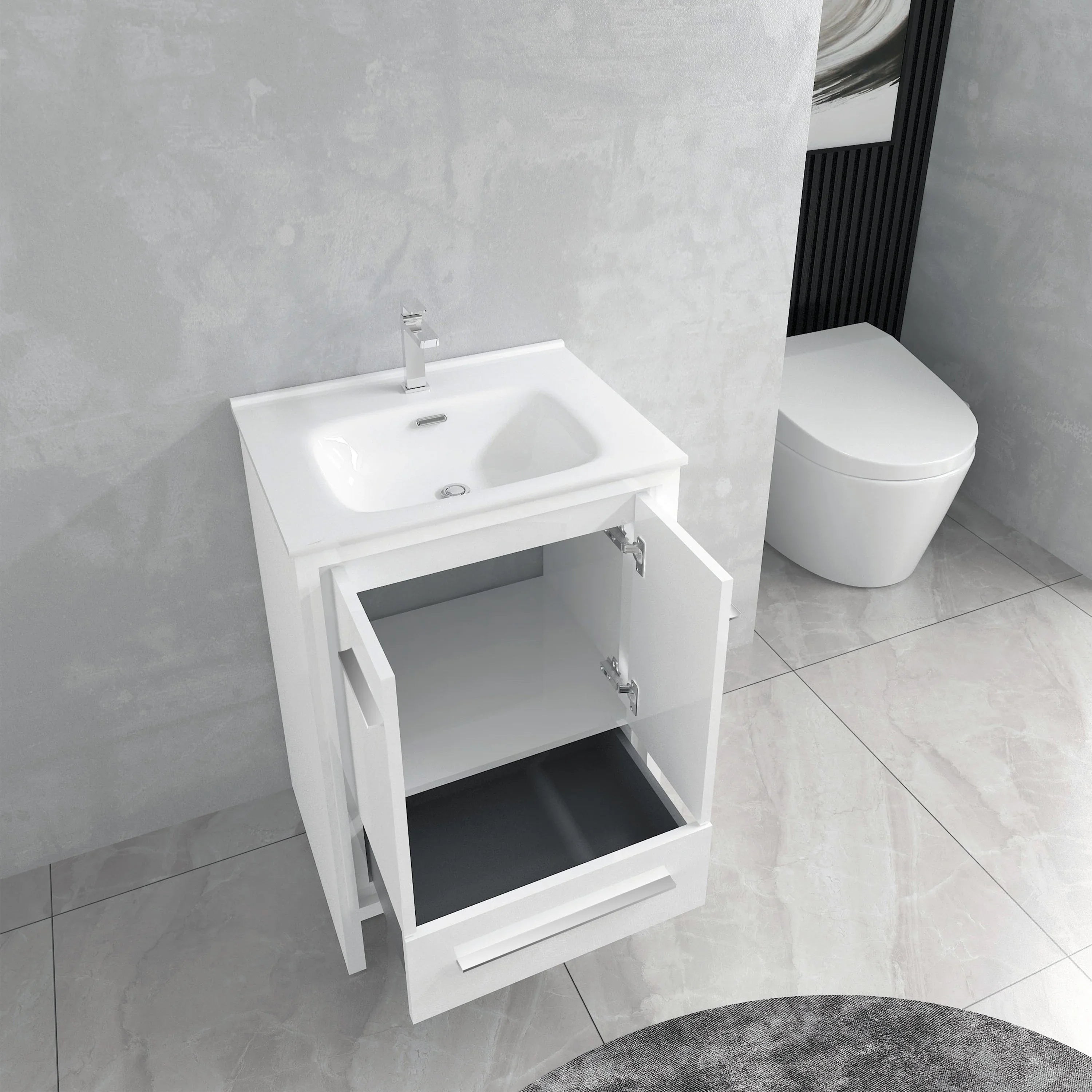 24" Glossy White Freestanding Single Sink Bathroom Vanity with White Ceramic Countertop-Migration_Bathroom Vanities-DECOROLALA