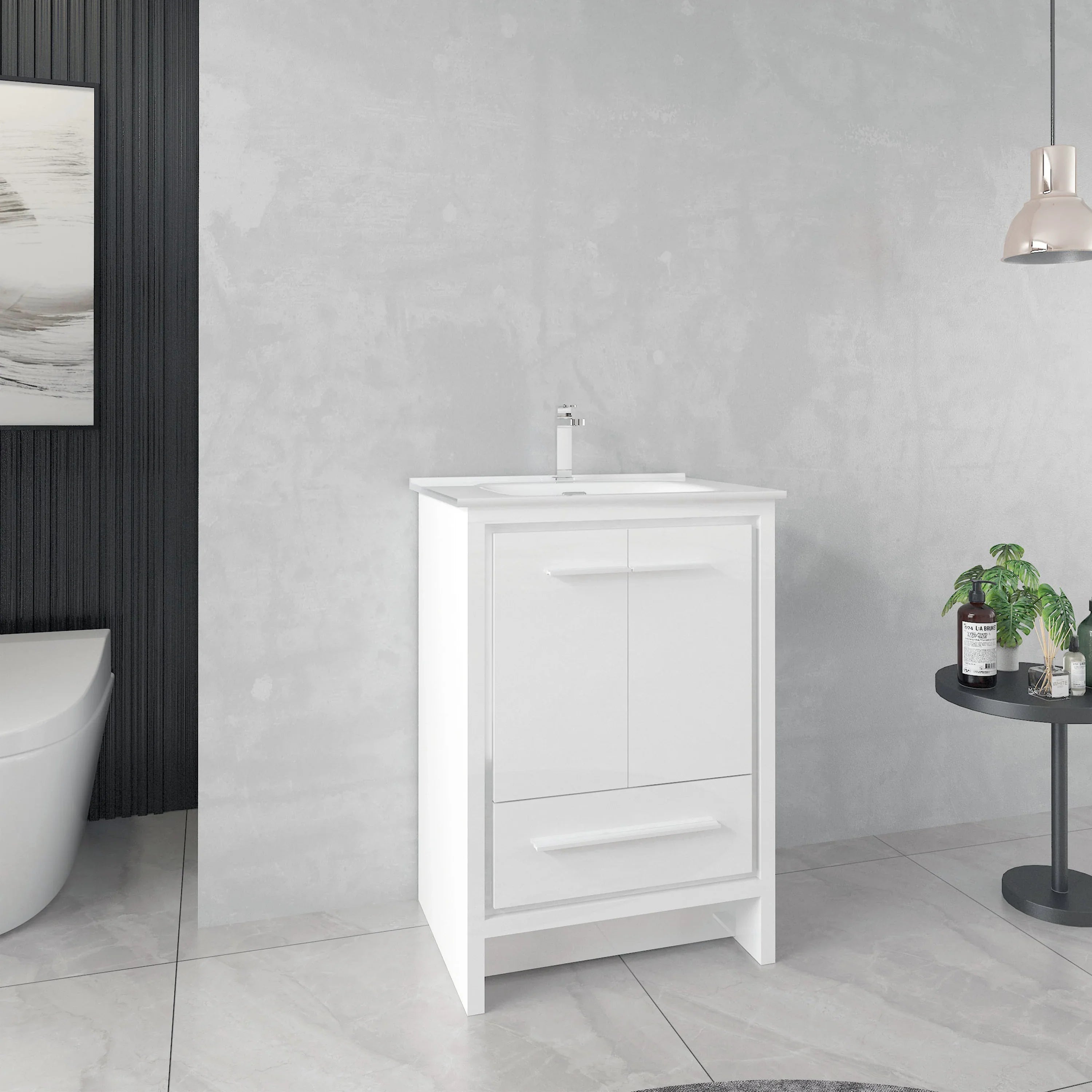 24" Glossy White Freestanding Single Sink Bathroom Vanity with White Ceramic Countertop-Migration_Bathroom Vanities-DECOROLALA