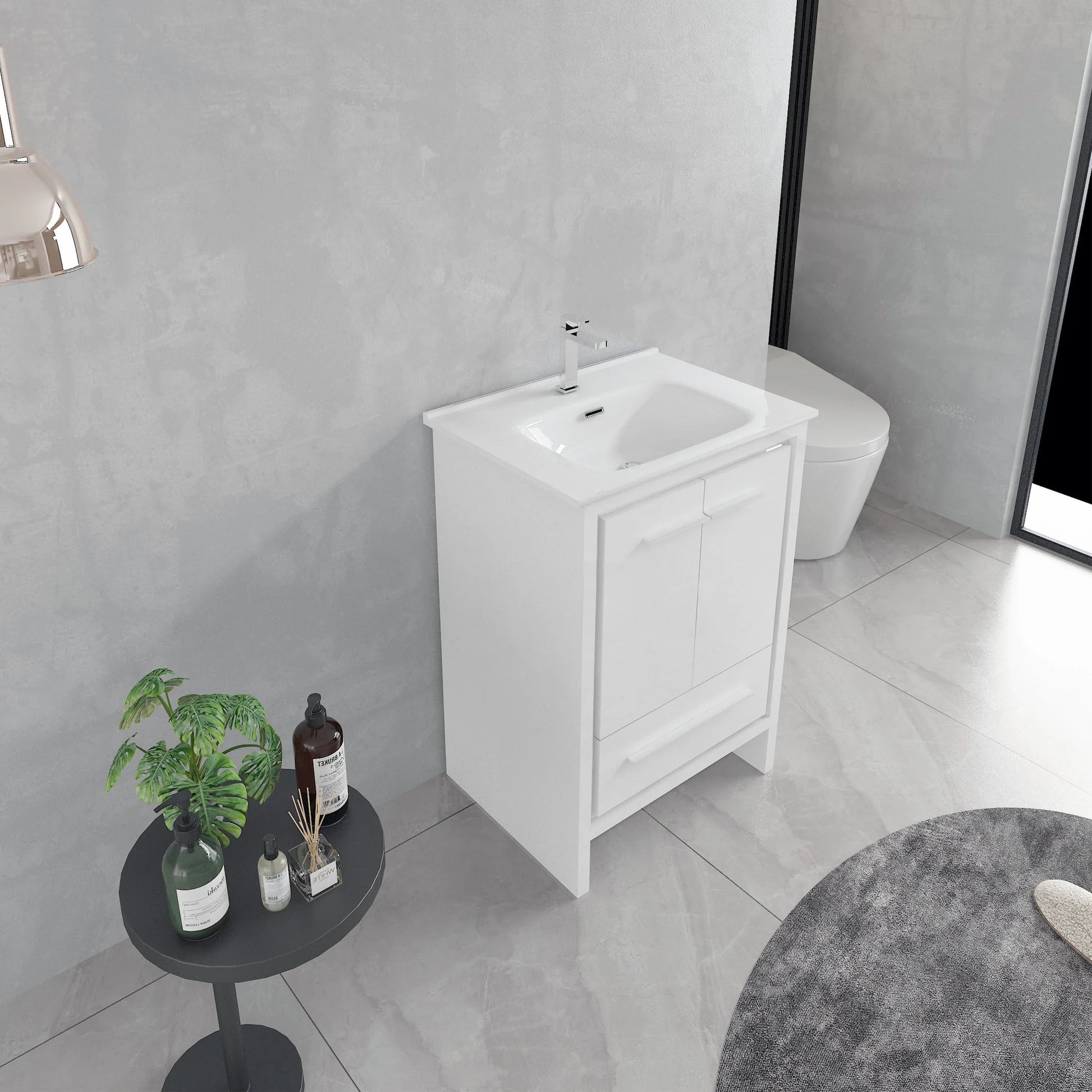 24" Glossy White Freestanding Single Sink Bathroom Vanity with White Ceramic Countertop-Migration_Bathroom Vanities-DECOROLALA